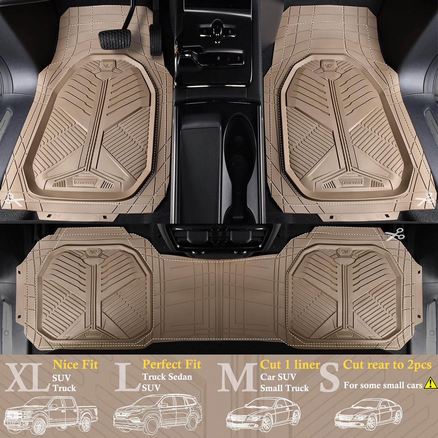 Car Pass Heavy Duty Rubber Car Mats, Deep Dish Car Floor Mats Full Set, Universal All Weather Automotive Mats 3 Pieces Trim To F