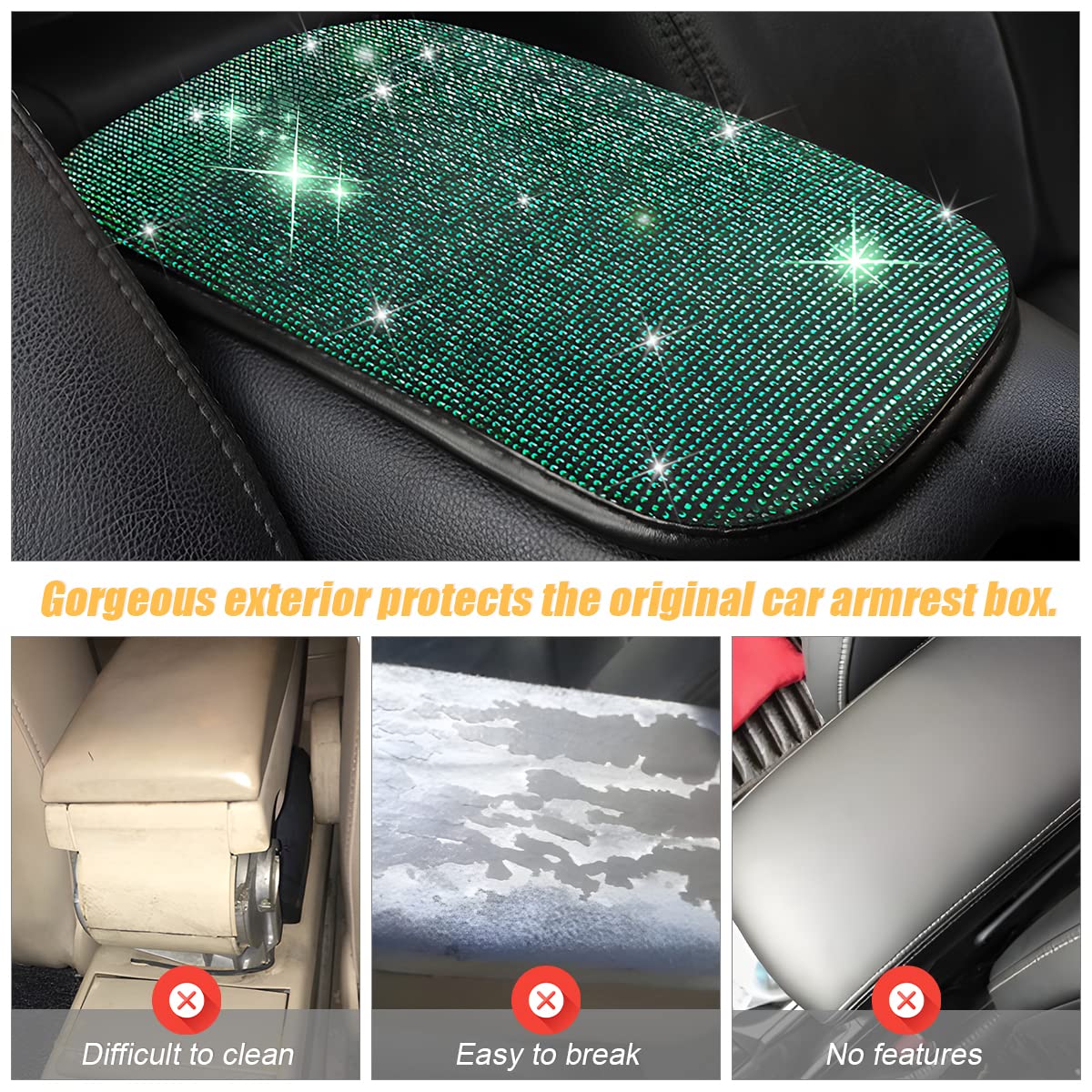 Bling Center Console Cover, Diamond Fashion Armrest Pad, Crystal Soft Arm Rest Protective Cushion, Car Accessories For Women Gir