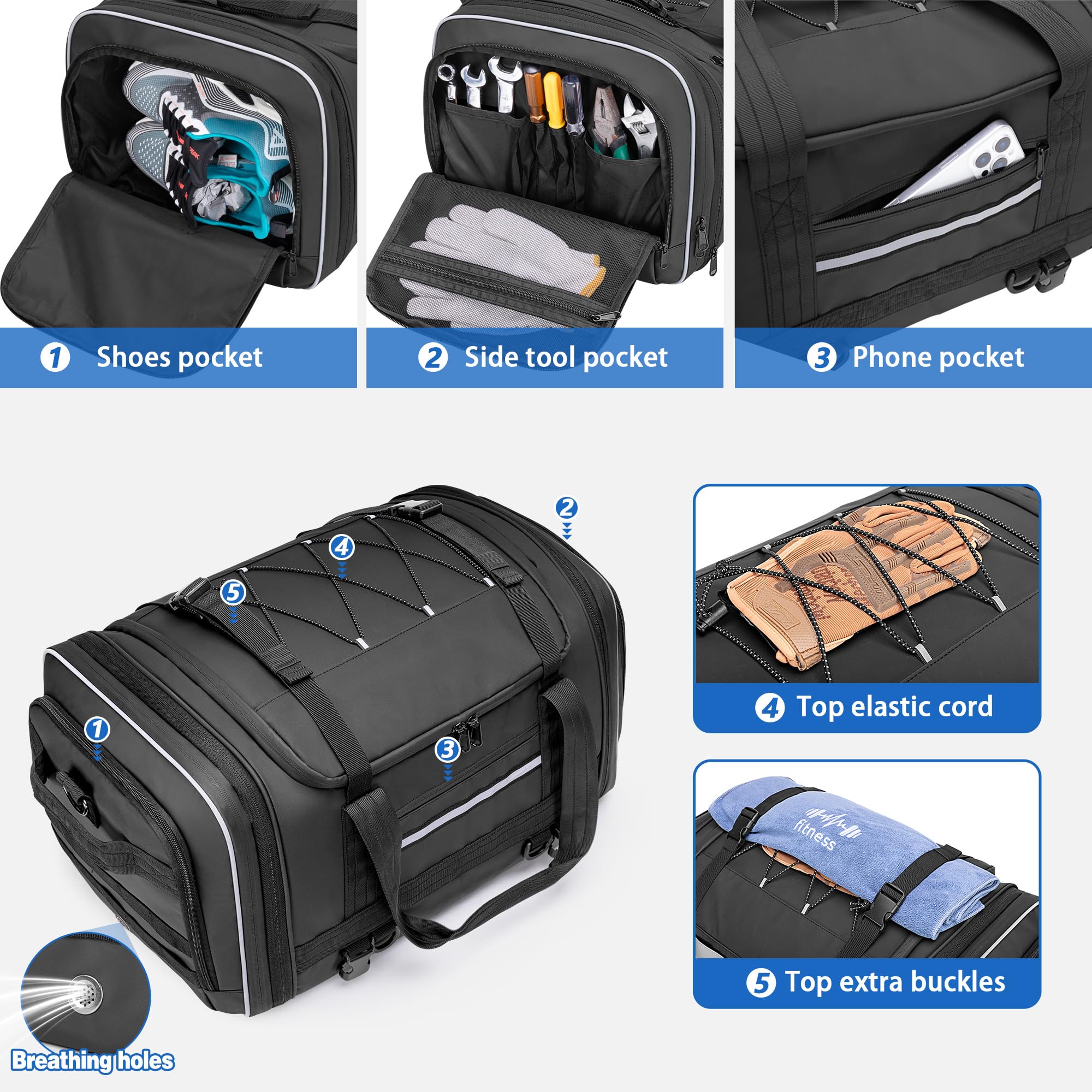 Marscamd Waterproof Motorcycle Tail Luggage Bag, 48L-64L Expandable, a Rain Cover Included, Bag with 4 Rack Mount Straps and Mul