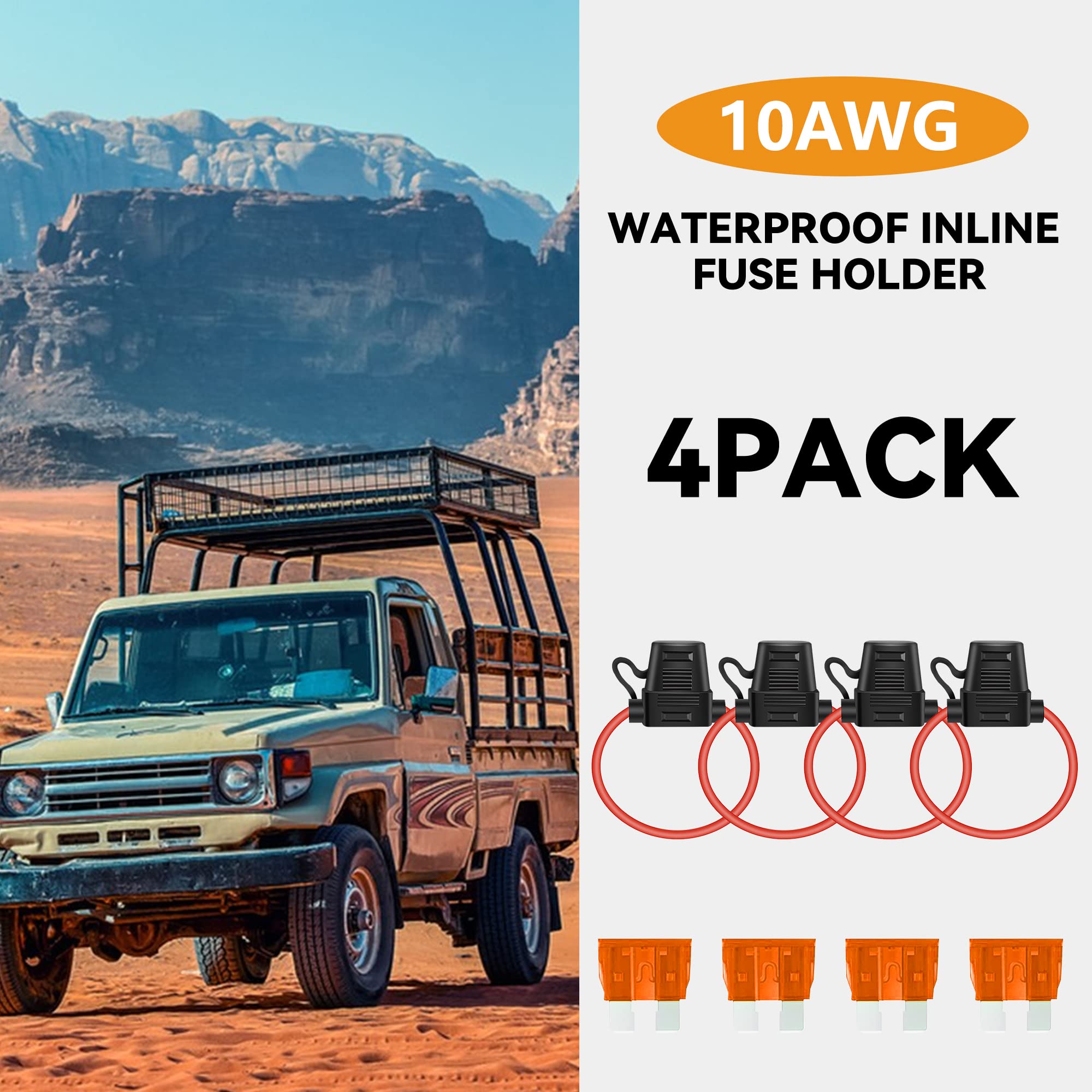 MulWark 4 Pack 10 Gauge Inline Fuse Holder Tinned Copper Marine Wire Waterproof IP67 Pigtail Blade Fuse Block Relay with 40 AMP