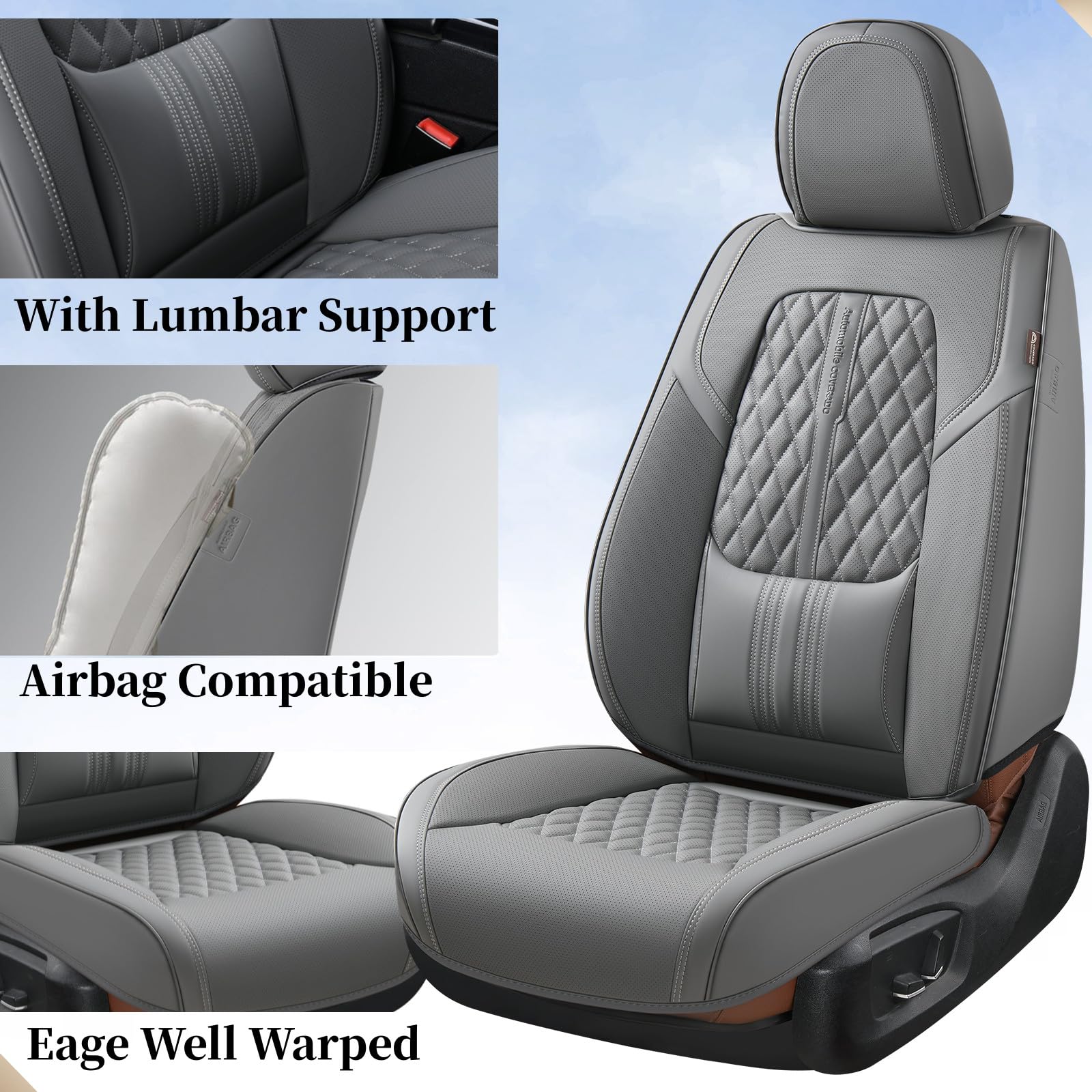 Coverado Car Seat Covers, Nappa Leather, Waterproof, Anti-Slip, Front Pair, Gray, SCU037 Series