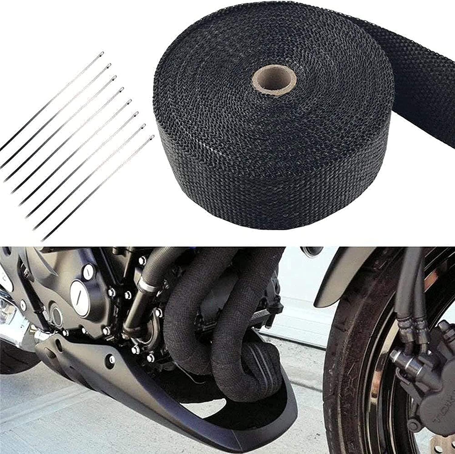 Black Exhaust Heat Wrap, Foneso 2 Roll 2 ' ' x 50 ' Exhaust Header Wrap Tape Fiberglass Heat Shield Tape with 24pcs Stainless St