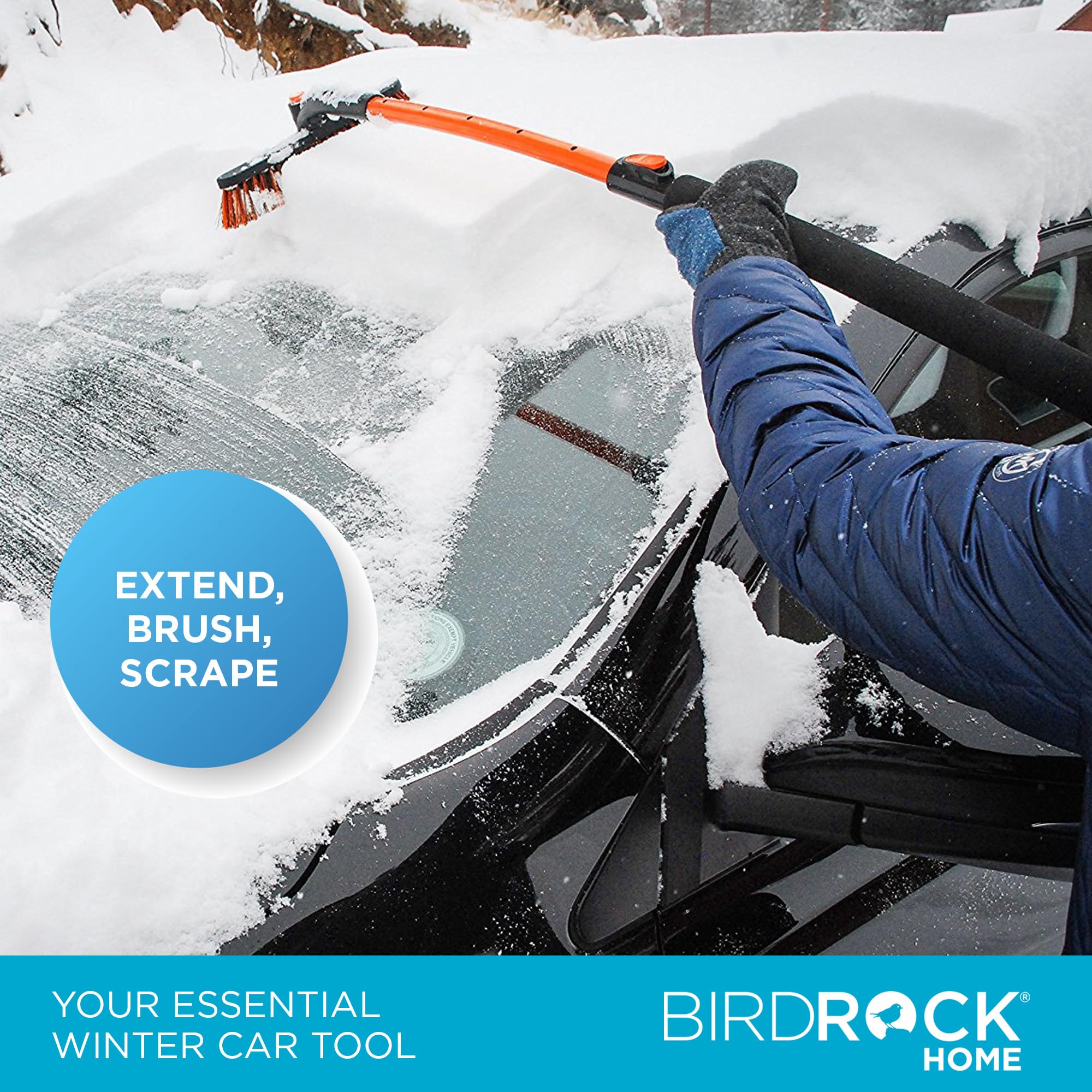 BIRDROCK HOME Extendable 50" Snow Moover Car Brush & Ice Scraper - Heavy Duty Orange for Trucks, SUVs, Windshields