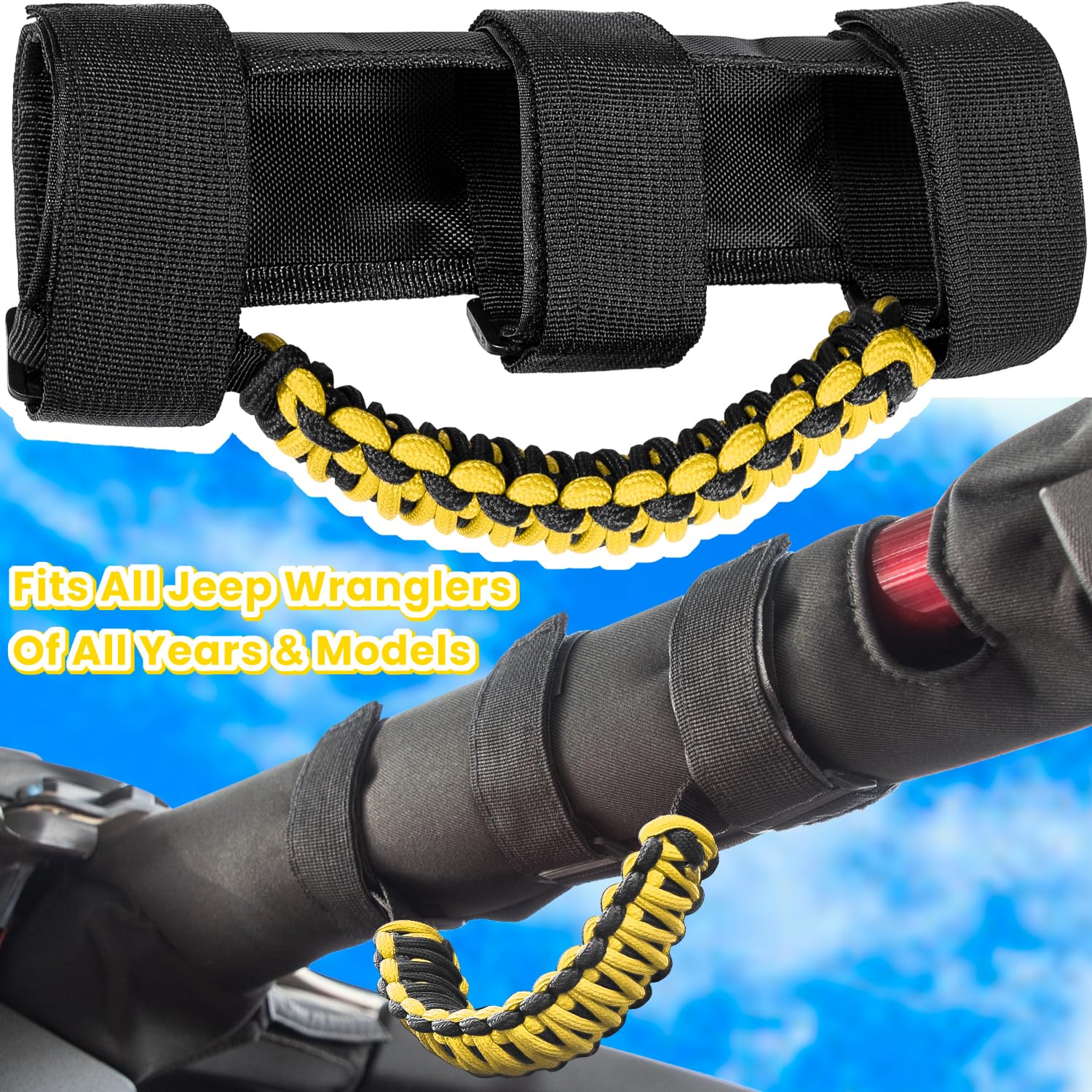 E-Cowlboy Roll Bar Grab Handles Grip Handle For Jeep Wrangler Yj Tj Jk Jku Jl Jlu Sports Sahara Freedom Rubicon Unlimited X Gladiator Jt 1955-2023 Utv Atv Premium Paracord (Yellow 2 Pack)