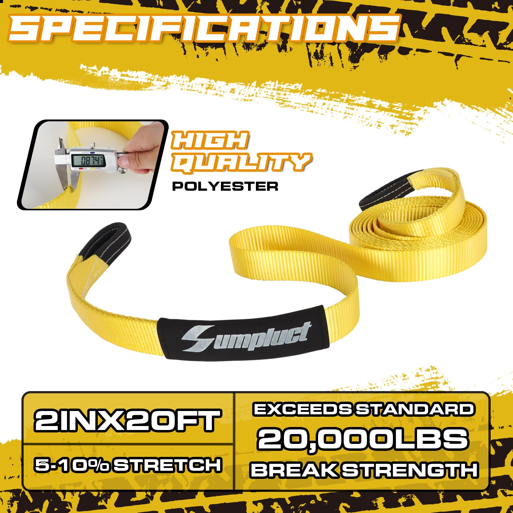 Sumpluct Recovery Tow Strap 2In X 20Ft Exceed Heavy Duty 25,000 Lbs Break Strength, Use For Emergency Towing Rope, Tree Saver, W
