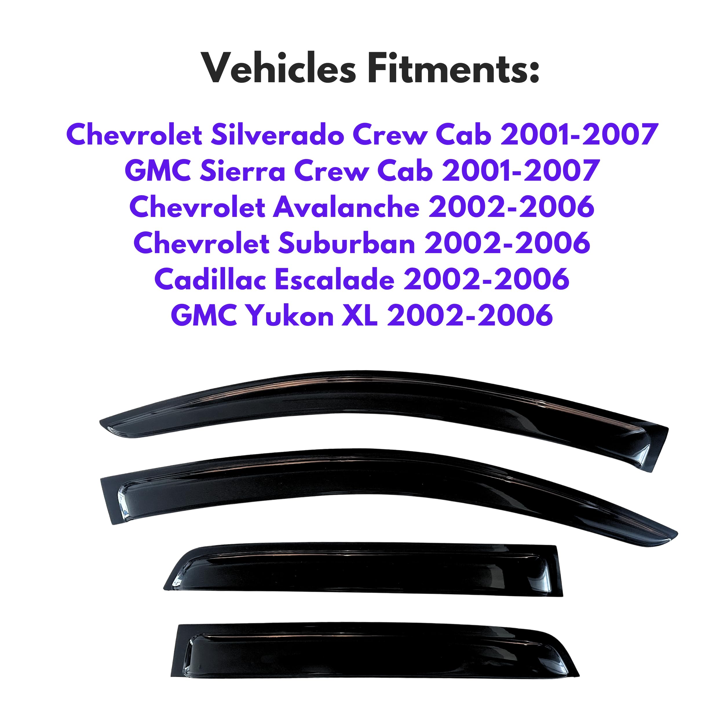 Kpy Window Visor Compatible With 2001-2007 Chevy Chevrolet Silverado/Gmc Sierra Crew Cab, 2002-2006 Avalanche/Suburban/Escalade