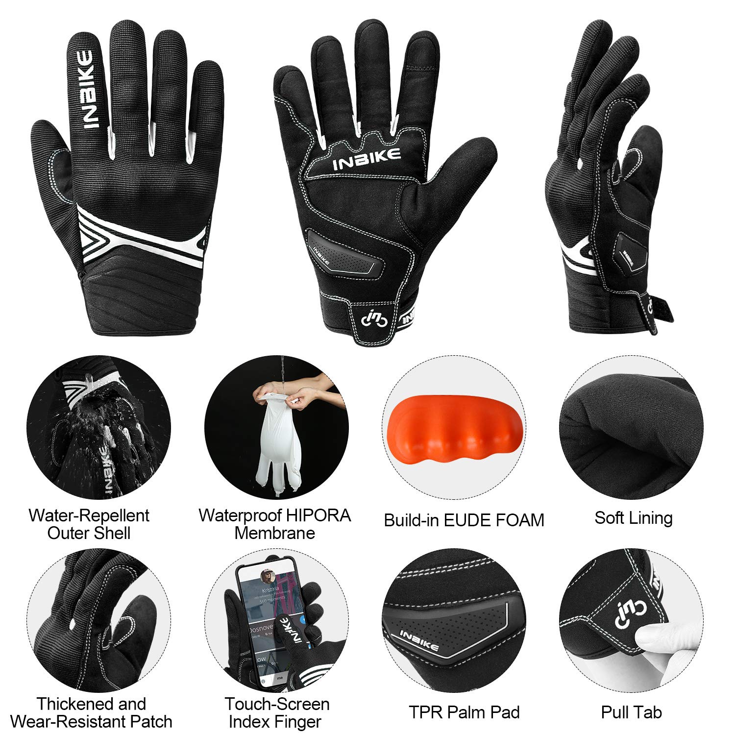 INBIKE Waterproof Winter Motorcycle Gloves, Thermal Fleece, Touchscreen, Large, White, TPR Palm Pad, Hard Knuckle
