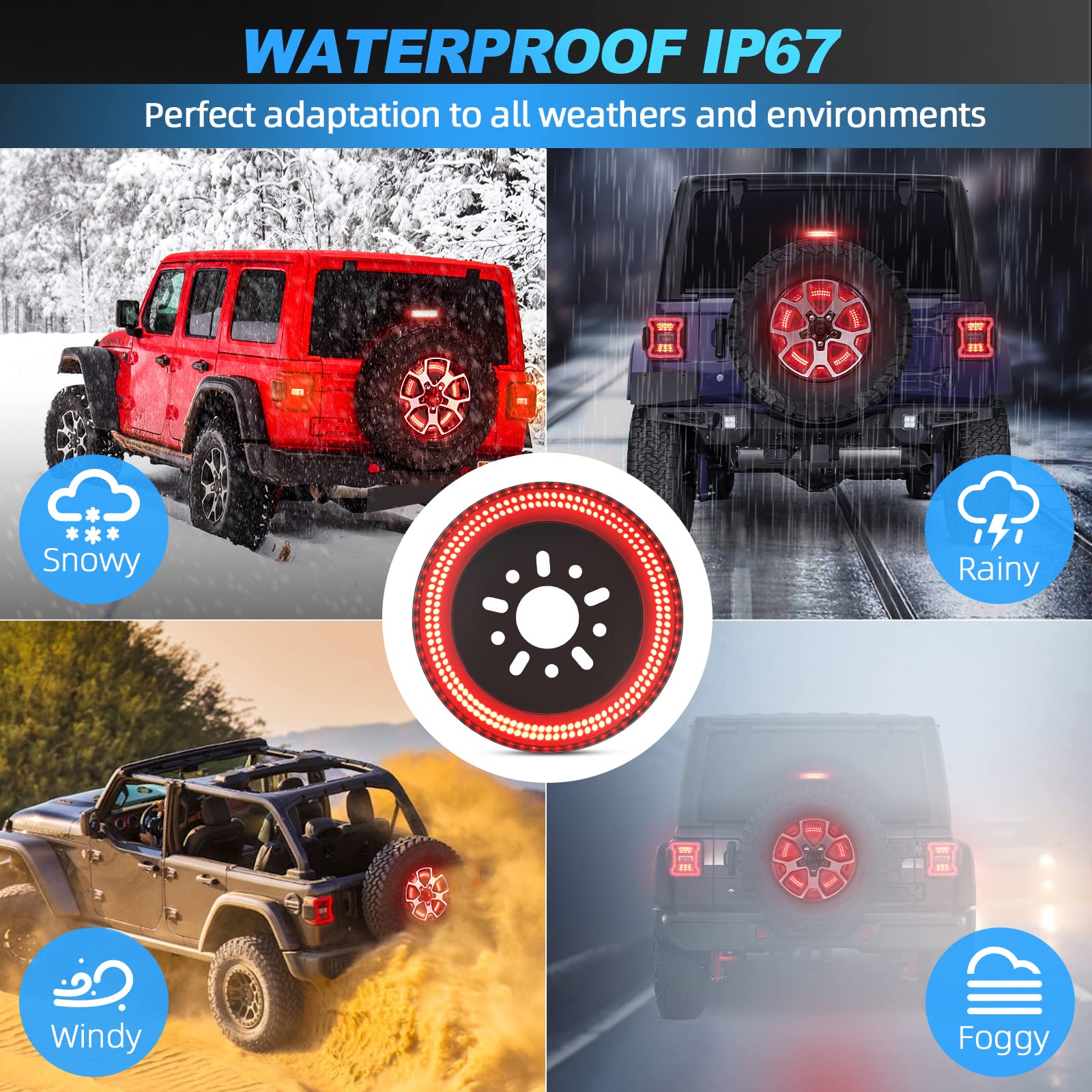 SUPAREE 3-Side Spare Tire Brake Light, 400PCS LED, Fits Jeep Wrangler JL JLU 2018-2025, Bright Red Light