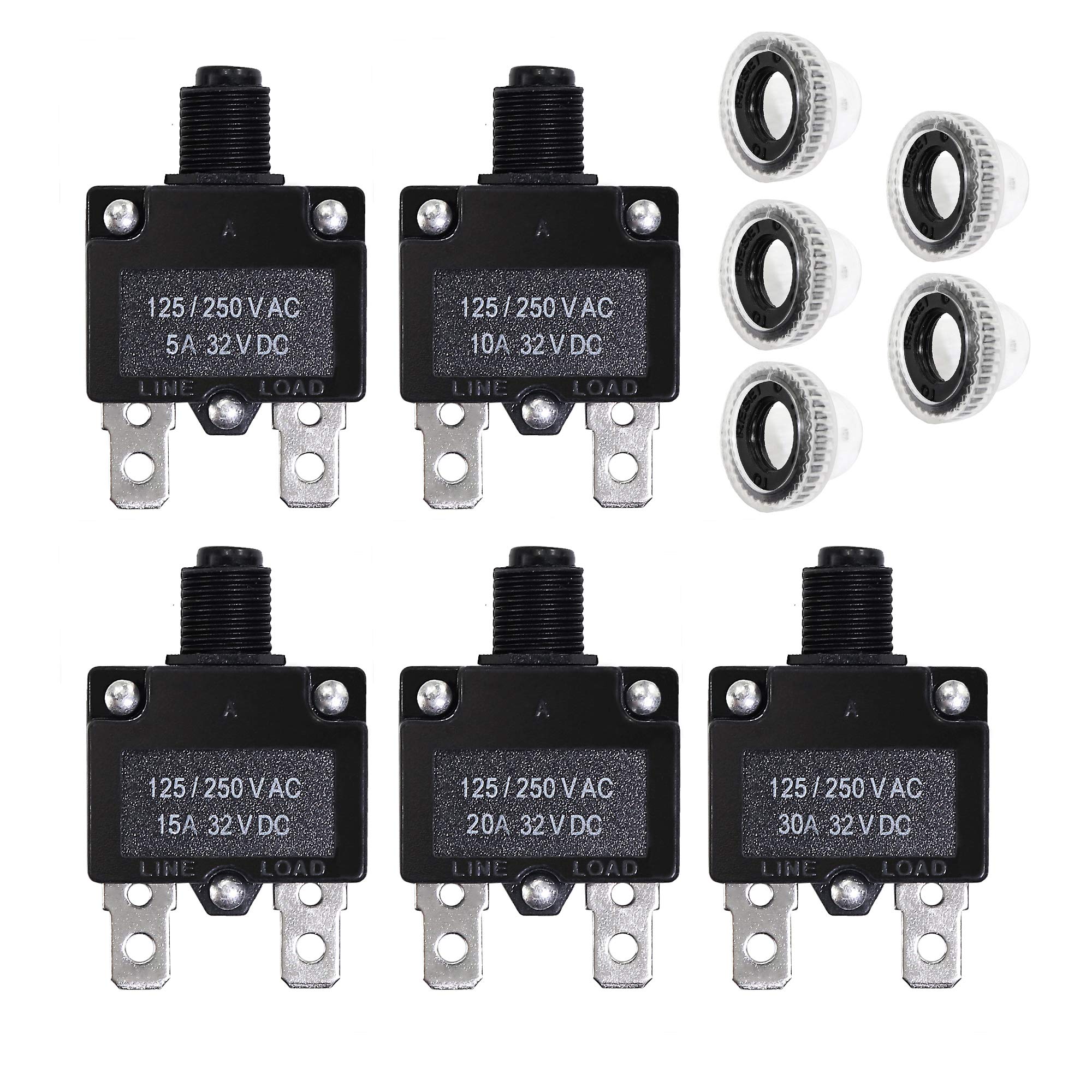Fuzbaxy 5Pcs 5,10,15,20,30Amp Circuit Breakers With Manual Reset 32Vdc,Ac125-250V With Quick Connect Terminals