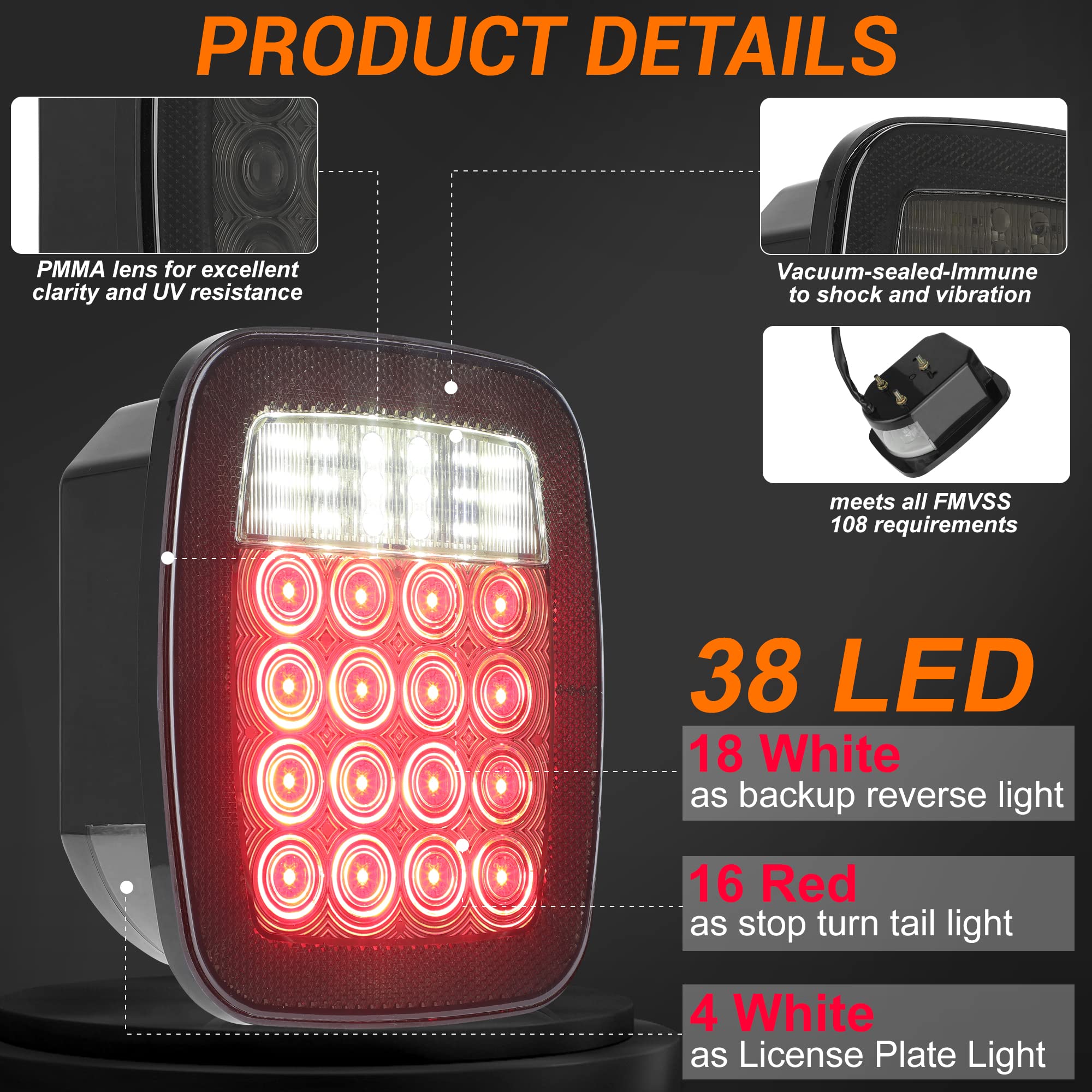 Cmvt Auto Universal 38Led Brake Tail Lights, Smoked Square Combination Flatbed Trucks Turn Taillights, W/Backup Reverse License