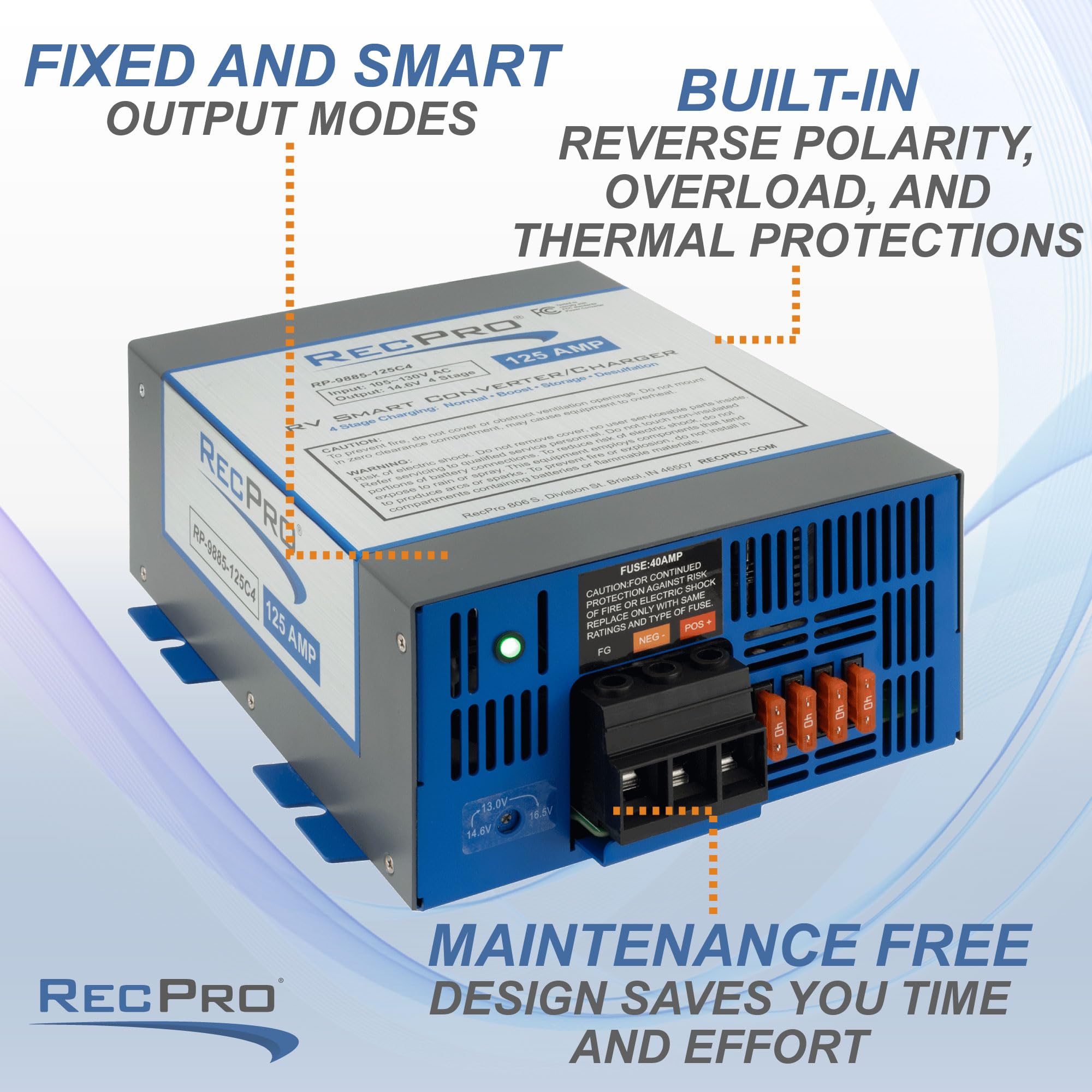RecPro RV Converter 125 Amp - 4 Stage Smart Charger, 120VAC to 12VDC, Gray, Model RP-9885-125C4