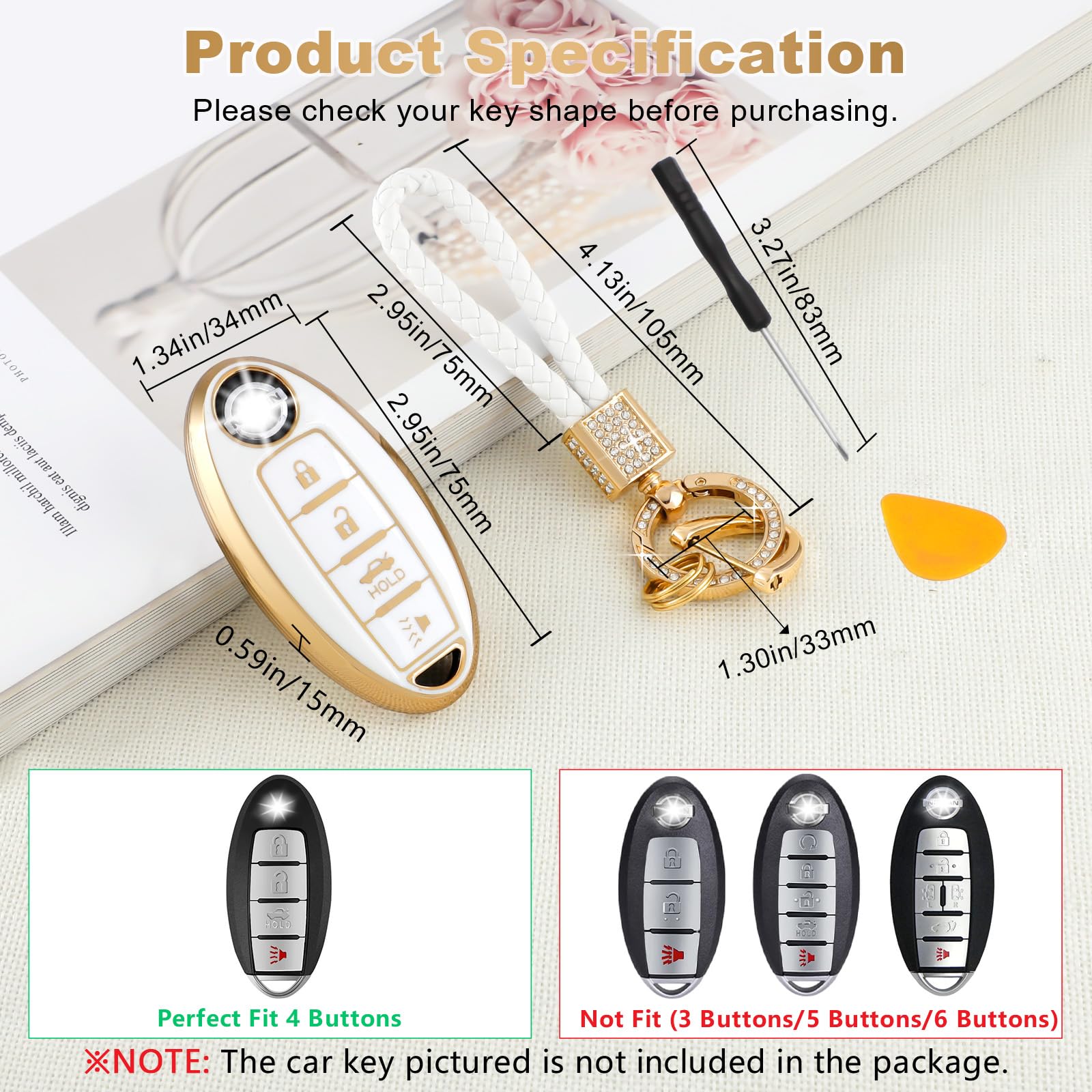 Pifoog For Nissan Key Fob Cover Altima Rogue Sentra Murano Armada Pathfinder Accessories 4 Buttons Soft Tpu White Gold Car Keys