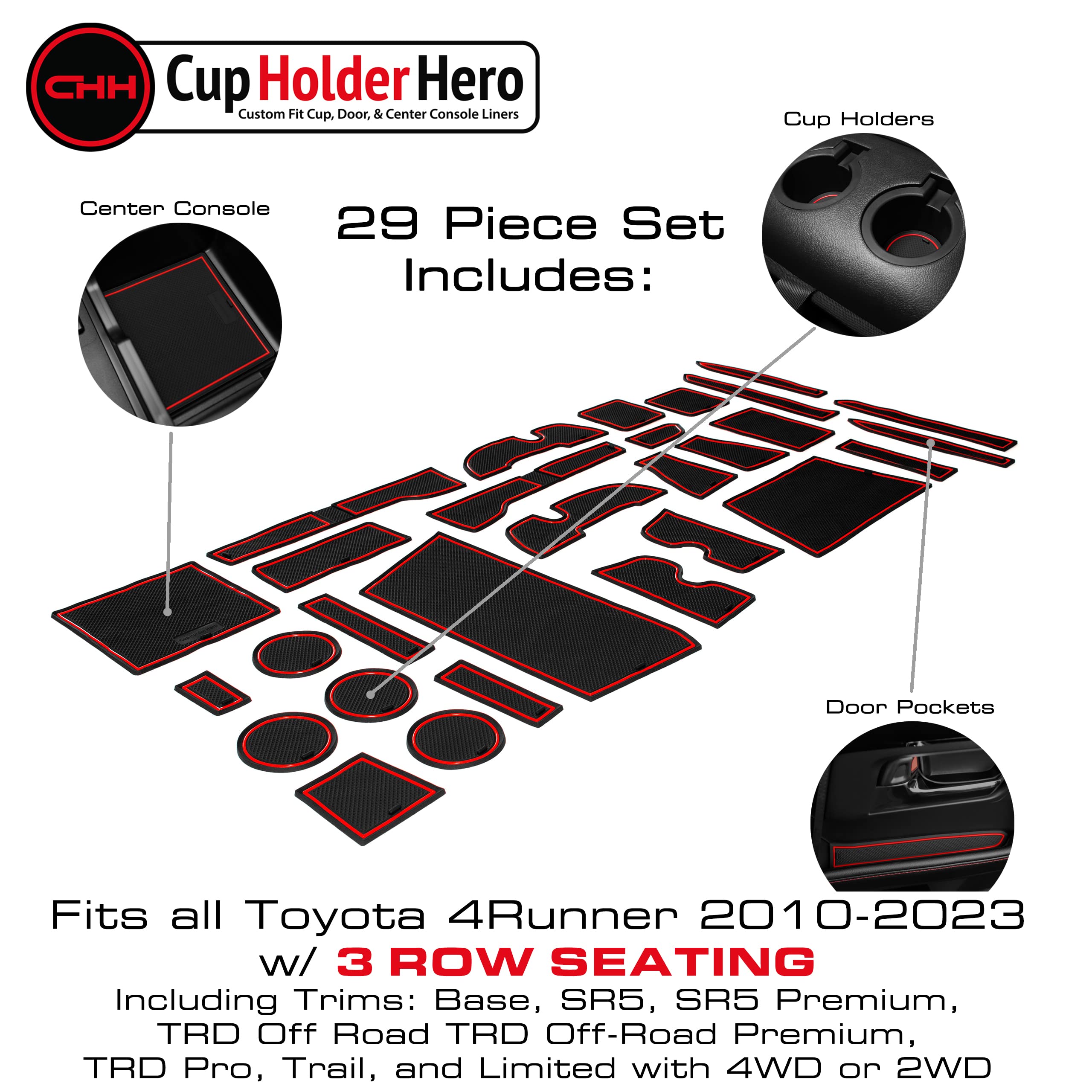 Cupholderhero Fits Toyota 4Runner 2020-2024 Accessories - Custom Non-Slip Anti-Dust Cup Holder Inserts, Center Console Liners, D