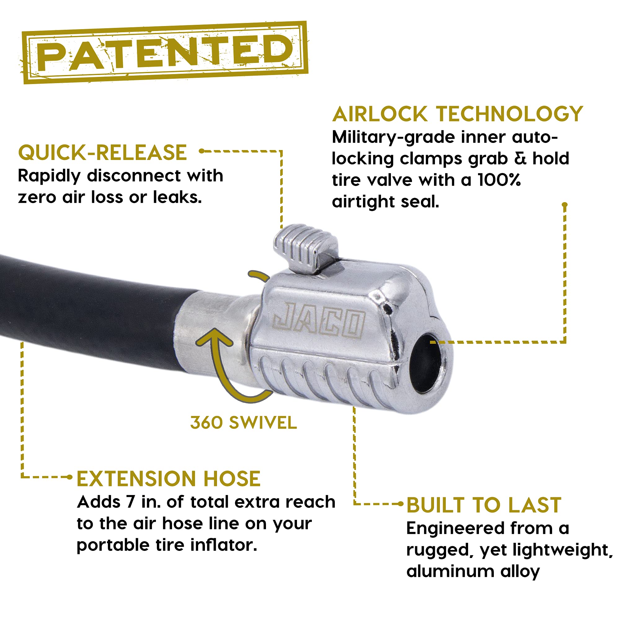 JACO Tire Inflator Hose Extension with Lock-on Nozzle, DEHP-free Rubber, Black, Model V5-CBOT-UW9F