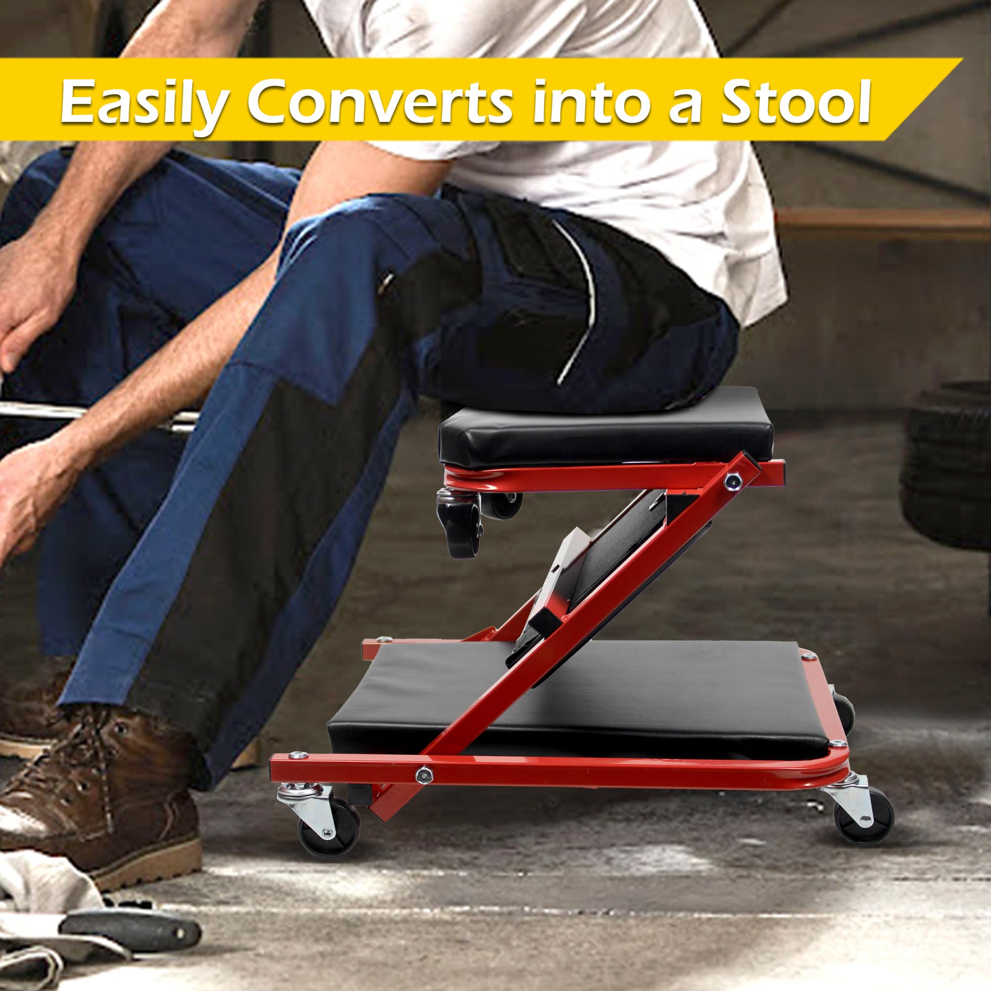 Maxworks 50873 2 In 1 Mechanic Creeper 36 Inch Z-Creeper Seat 300 Lbs Capacity Low Profile Creeper With 6 Pcs Casters For Garage