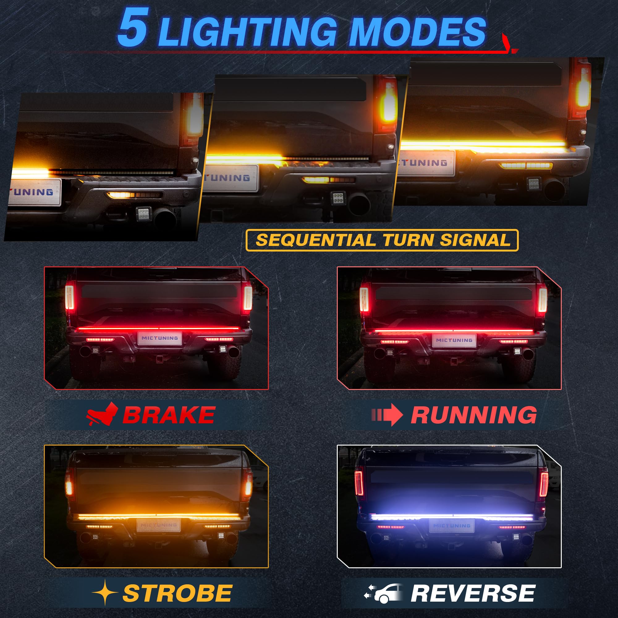 Mictuning 60'' Triple Led Tailgate Light Bar Ip68 Waterproof Plug-And-Play Folded Aluminum Frame With 4-Way Flat Connector - Ful