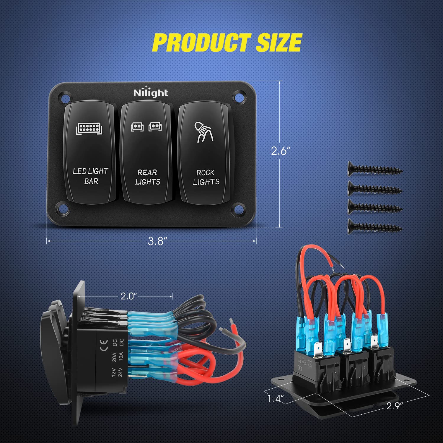 Nilight - 90105C 3 Gang Aluminum Rocker Switch Panel 5 Pin ON/Off Pre-Wired Toggle Switch Panel With Rocker Switch Holder 12/24V