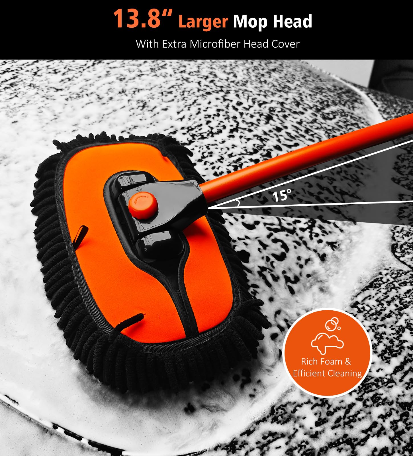 YeewayVeh Car Wash Brush Mop - 43" Extendable with 15° Curved Soft Brush, Extra Microfiber Head, 2 Pieces, Orange
