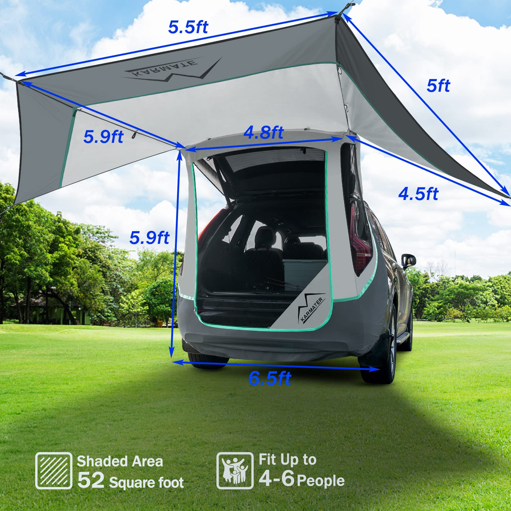 Poles Included SUV Tailgate Tent with Three Sides Awning Shade & Transmittance Mosquito Net, Hatchback Camping Sunproof Car Tent