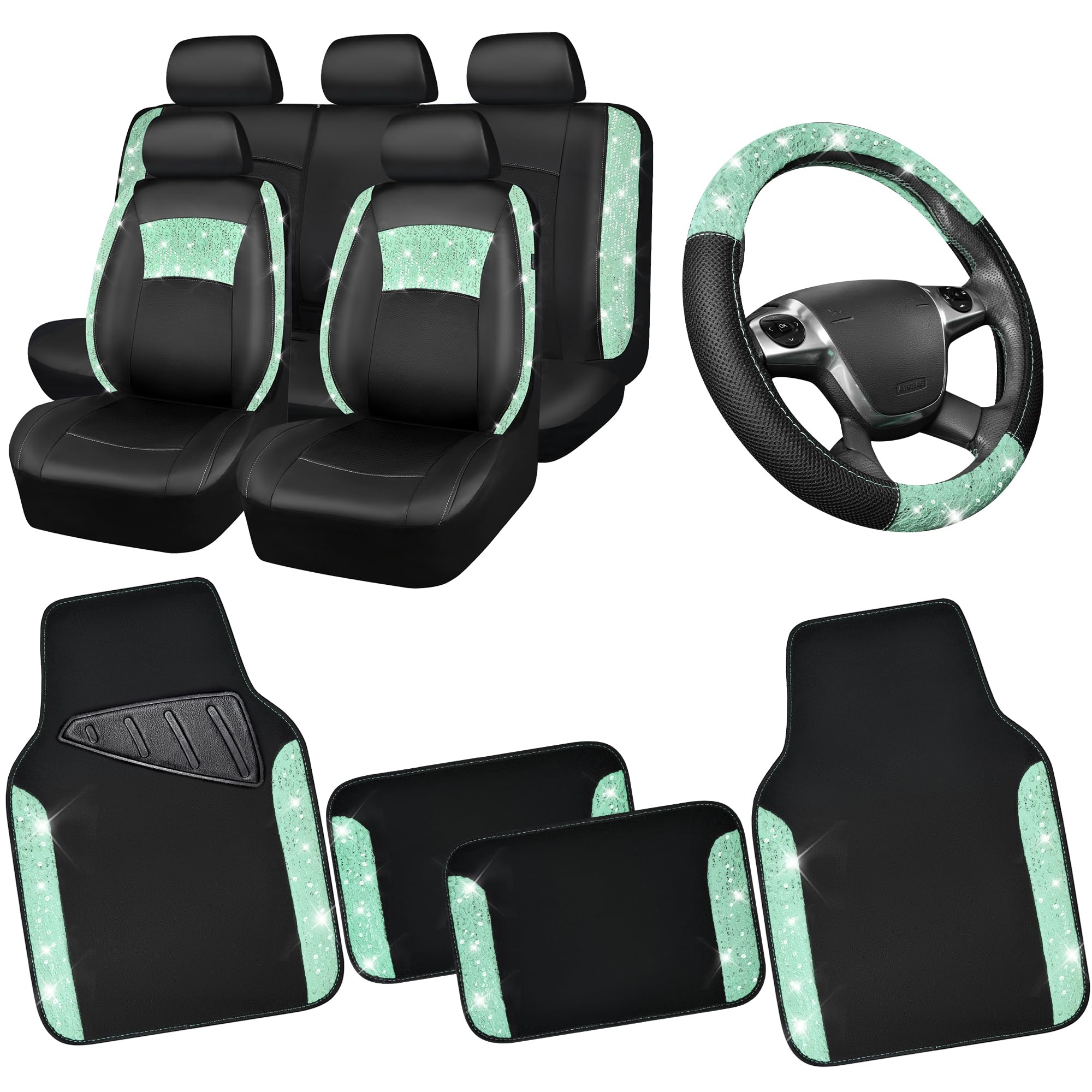 Car Pass Universal Mint Leather Lace Car Seat Covers Full Set For Women Girls, Waterproof Car Floor Mats Carpet, Glitter Steerin