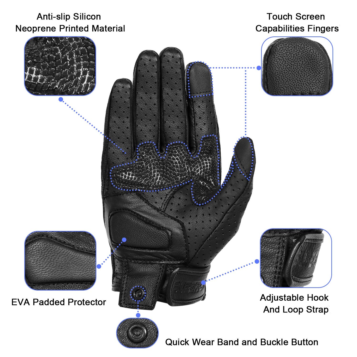 Updated Mens Leather Motorcycle Gloves With Two Touchscreen Fingers Anti-Slip Motorbike Racing Gloves (Updated,Perforated, Xxl)