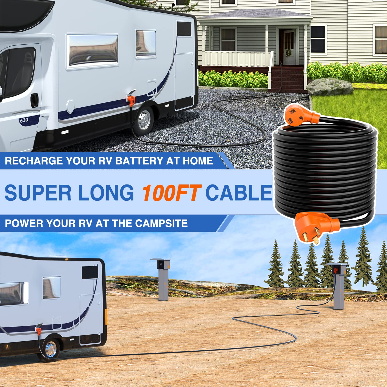 Nilight 30 Amp RV Extension Cord, 100FT Heavy Duty 10 Gauge Pure Copper, Weatherproof TT-30P/TT-30R, UL ETL Listed, 30F/