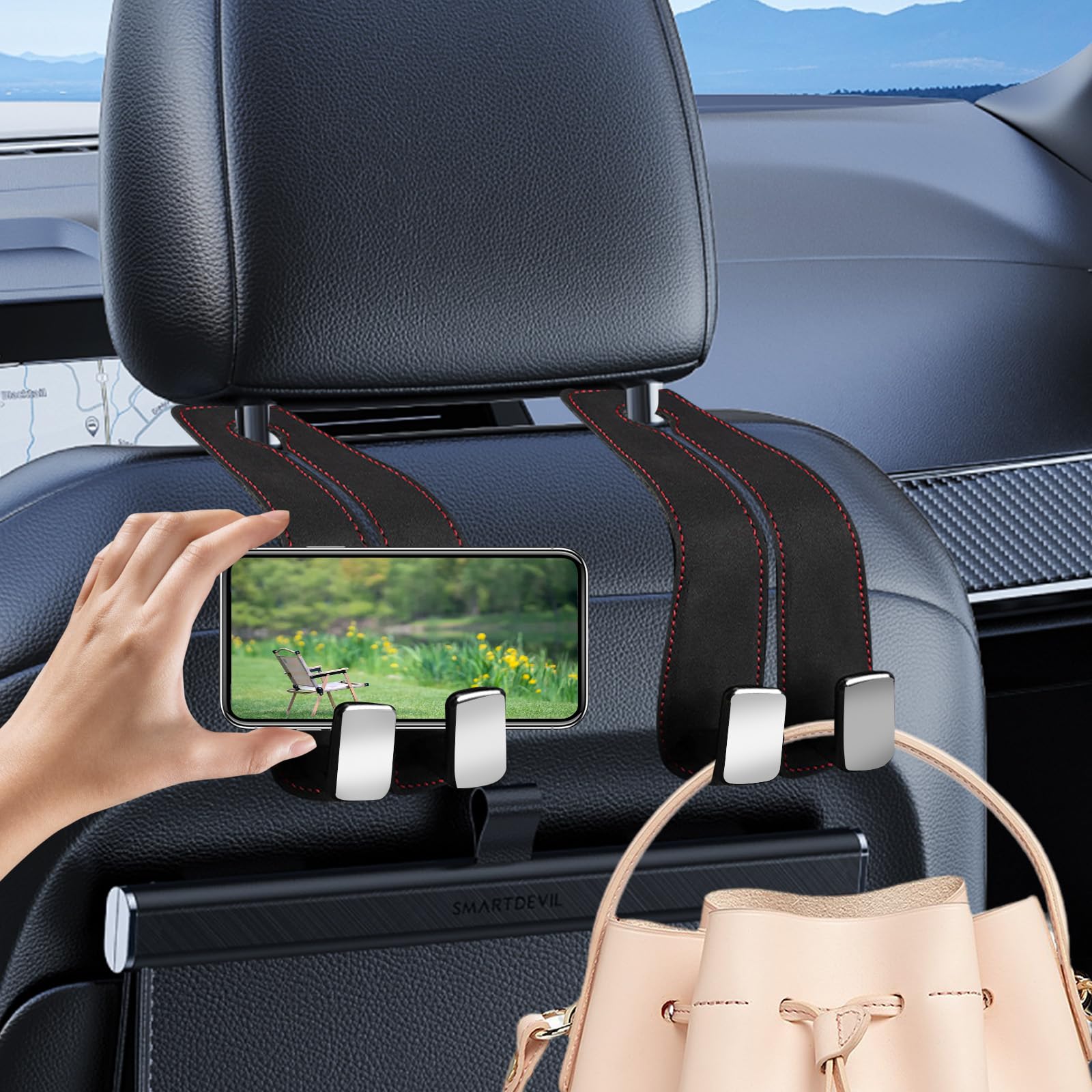 Canipha 4Pcs Car Seat Hooks For Headrest, Double Hook Purse Hook For Car Applies To Purse Hanger For Car Headrest Hook Car Purse