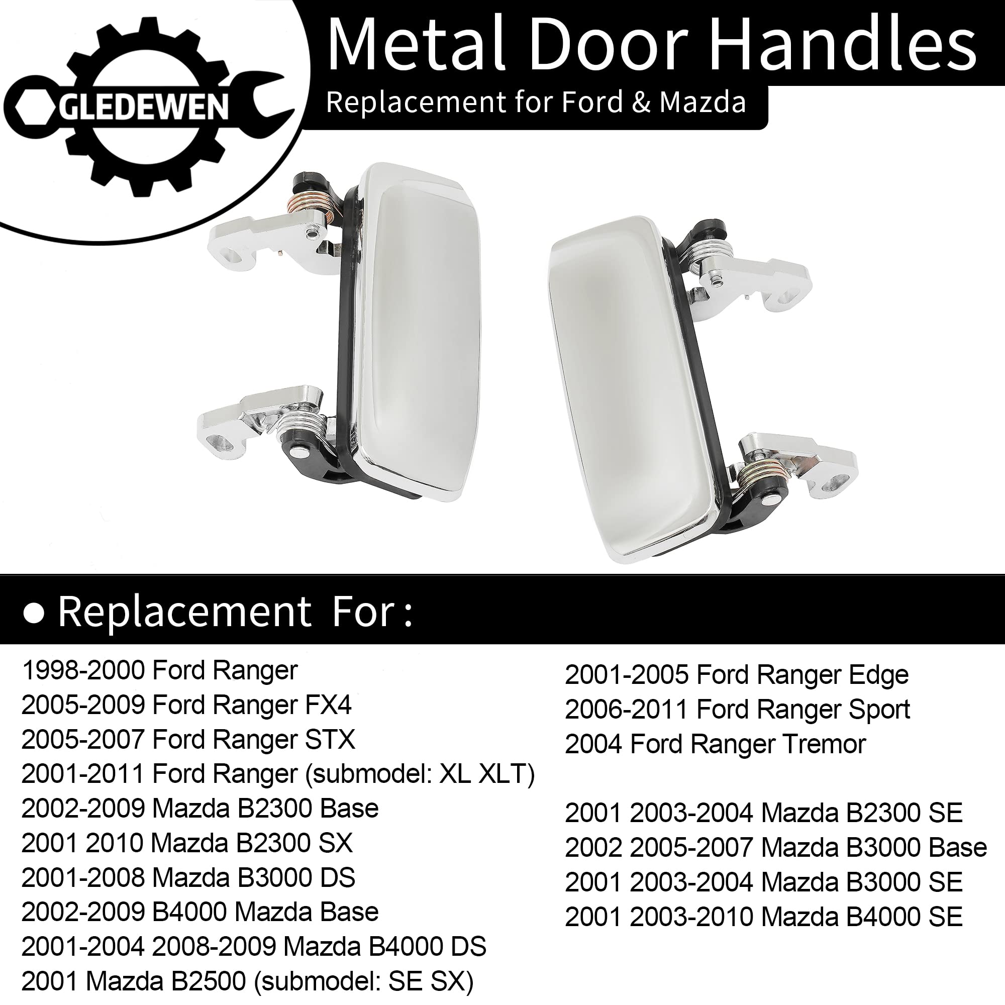 Gledewen Chrome Metal Exterior Door Handle Set for 1998-2011 Ford Ranger & 2001-2010 Mazda B2300 B3000 B4000, 2PCS