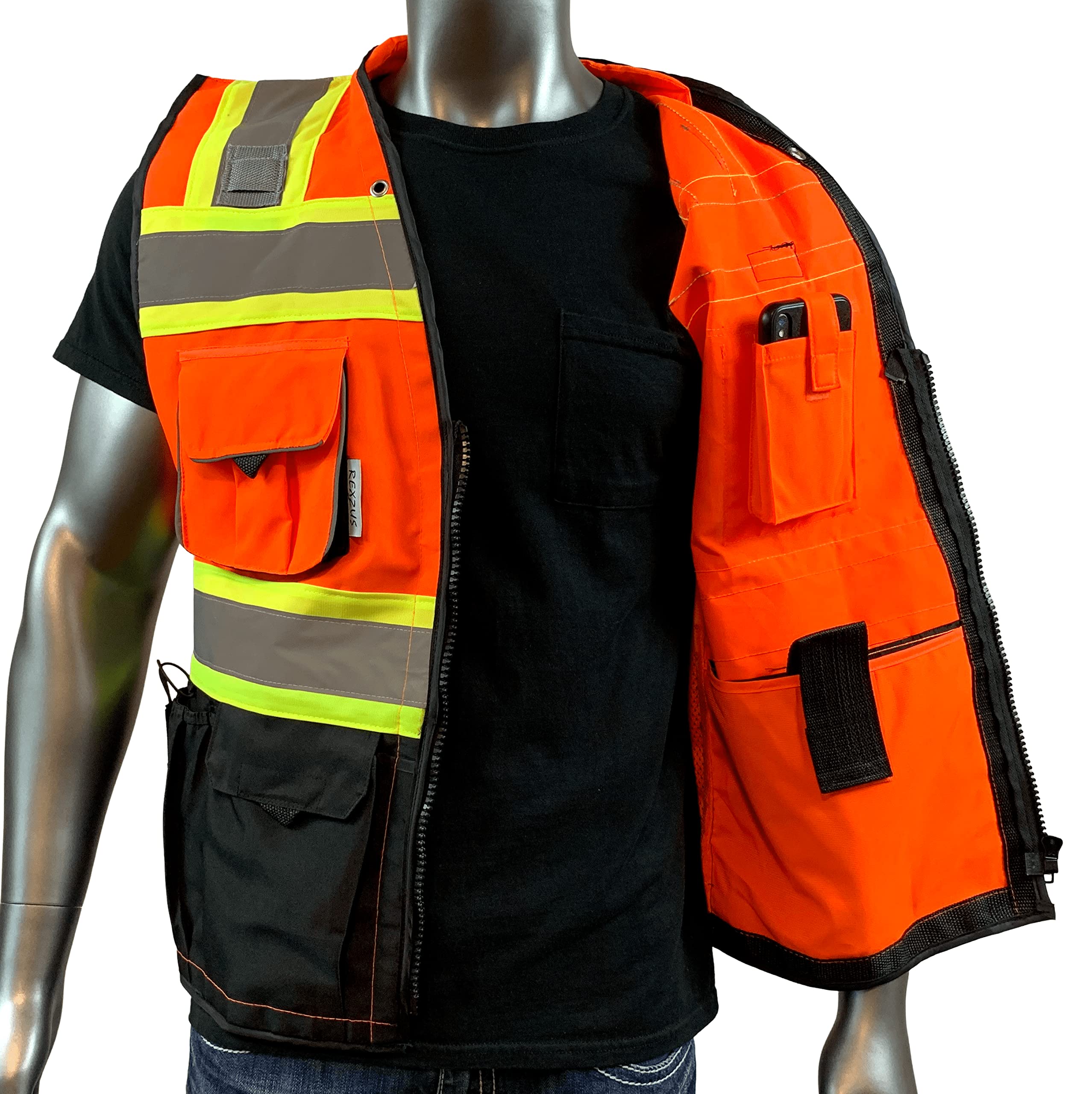 REXZUS Class 2 Safety Vest for Men, Medium, Orange/Black, Zipper & Utility Pockets, Premium Black Series