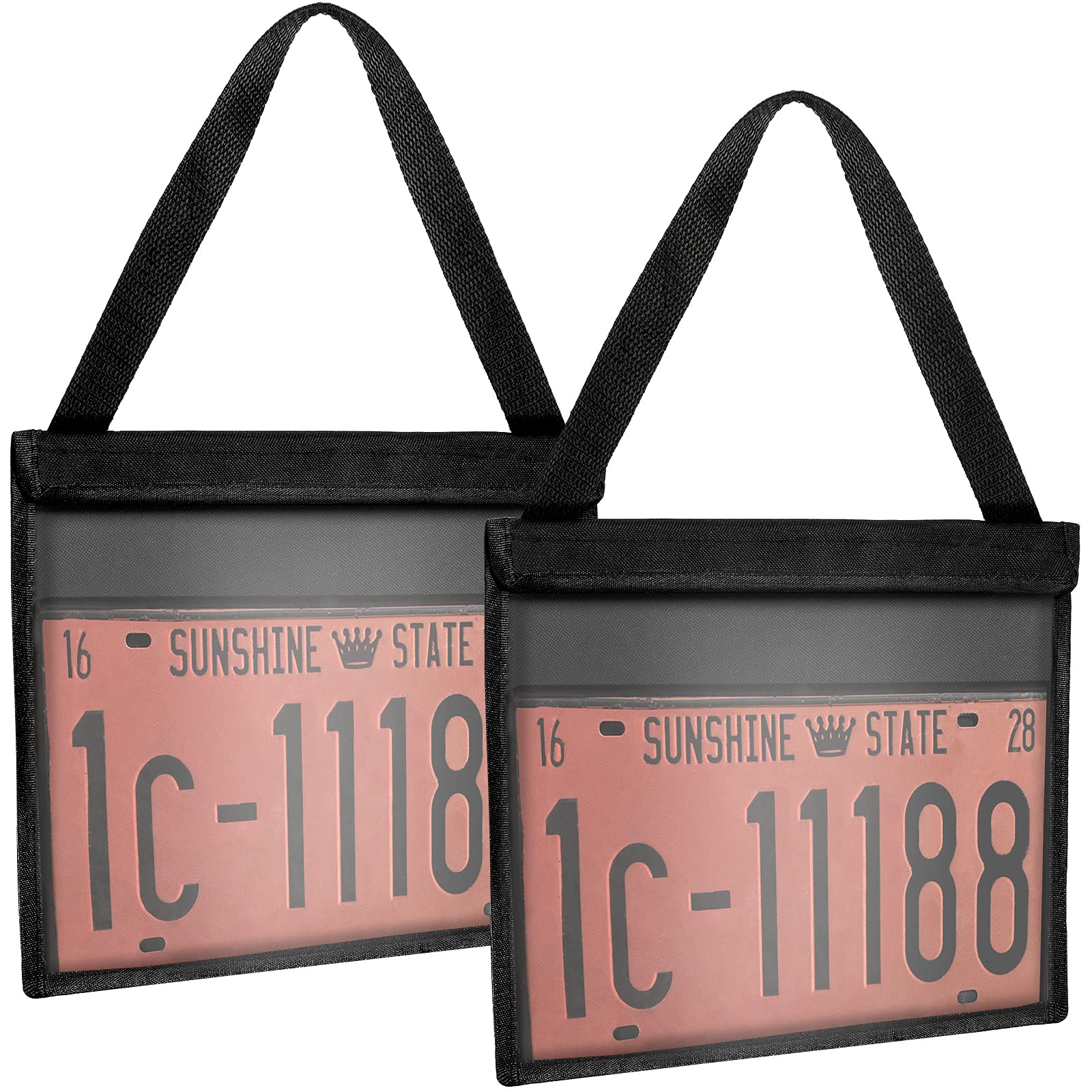 Frienda 2 Pieces License Plate Holder with Hanging Strap Dealer Plate Holder Test Drive Tag Bag Black Frame Cover and Bracket fo