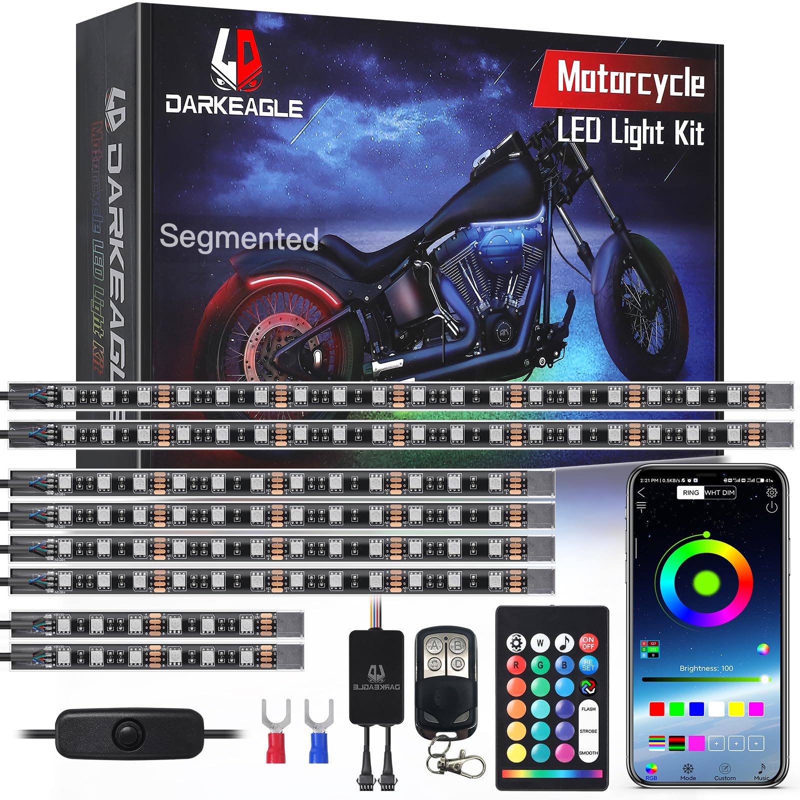 Ld Darkeagle 8Pcs Segmented Motorcycle Led Lights Kit With Brake Lights Turn Signal, Motorcycle Led Underglow Kit With App/Rf Re