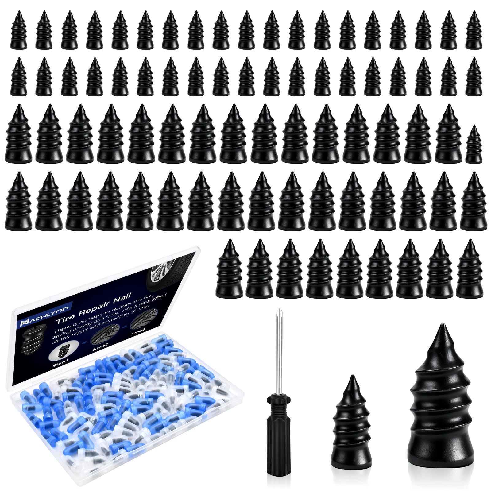 NACHLYNN 80 Pcs Tire Repair Rubber Nail Kit Tire Repair Nails with 2 Sizes and Screwdriver for Car Motorcycle Truck