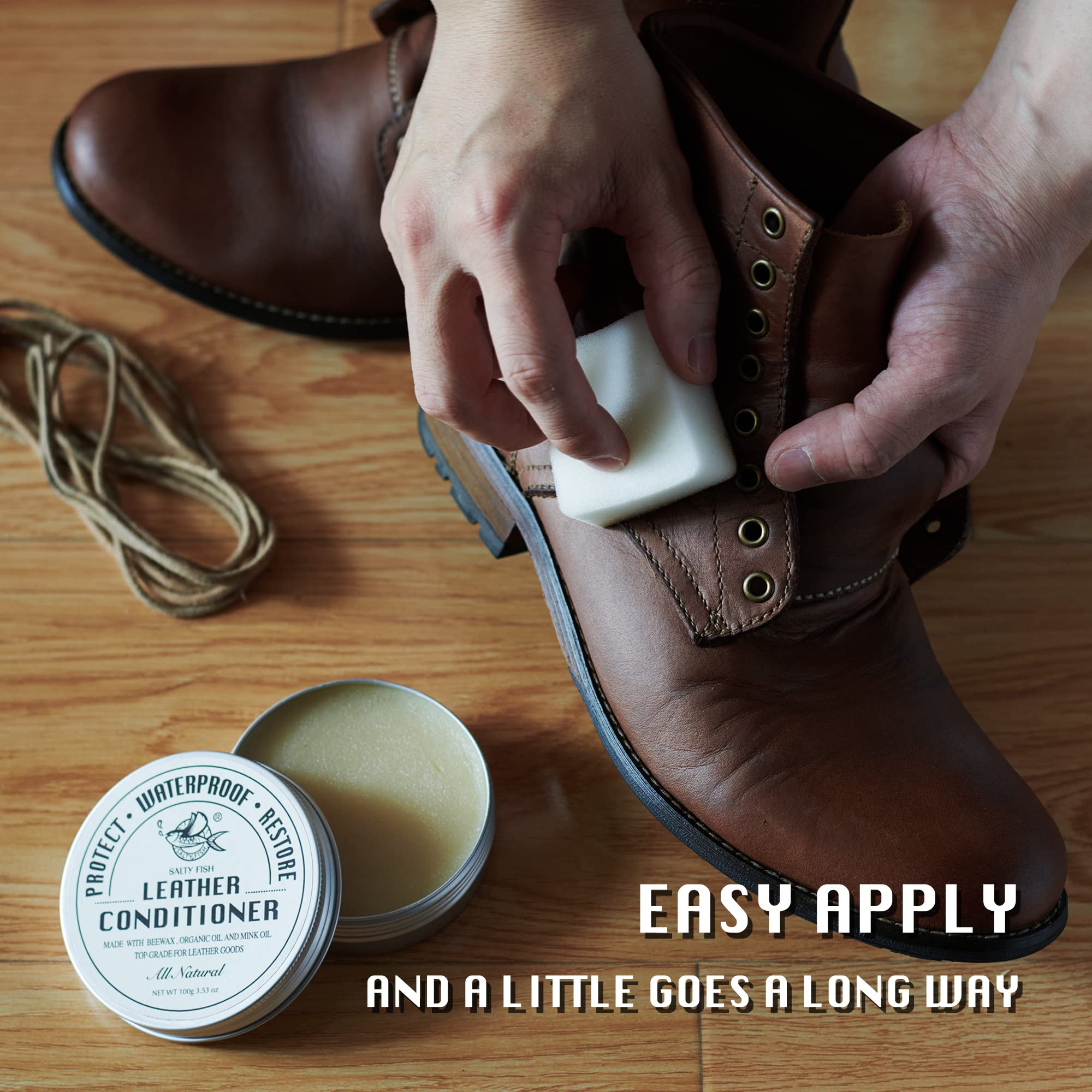 SALTY FISH All-Natural Leather Conditioner & Cleaner - Mink Oil & Beeswax, 3.53 Oz with Sponge, Waterproof, Soften Leather - Yellow