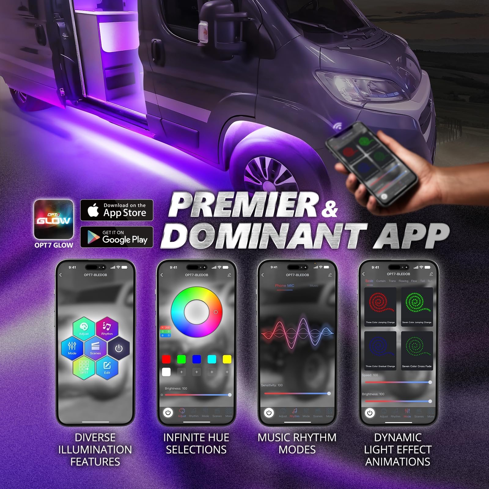 OPT7 Aura Pro Underglow Lights for RVs, RGB Multicolor, 6 PCS Waterproof Aluminum Bars, APP & Remote Control, Class B & B+