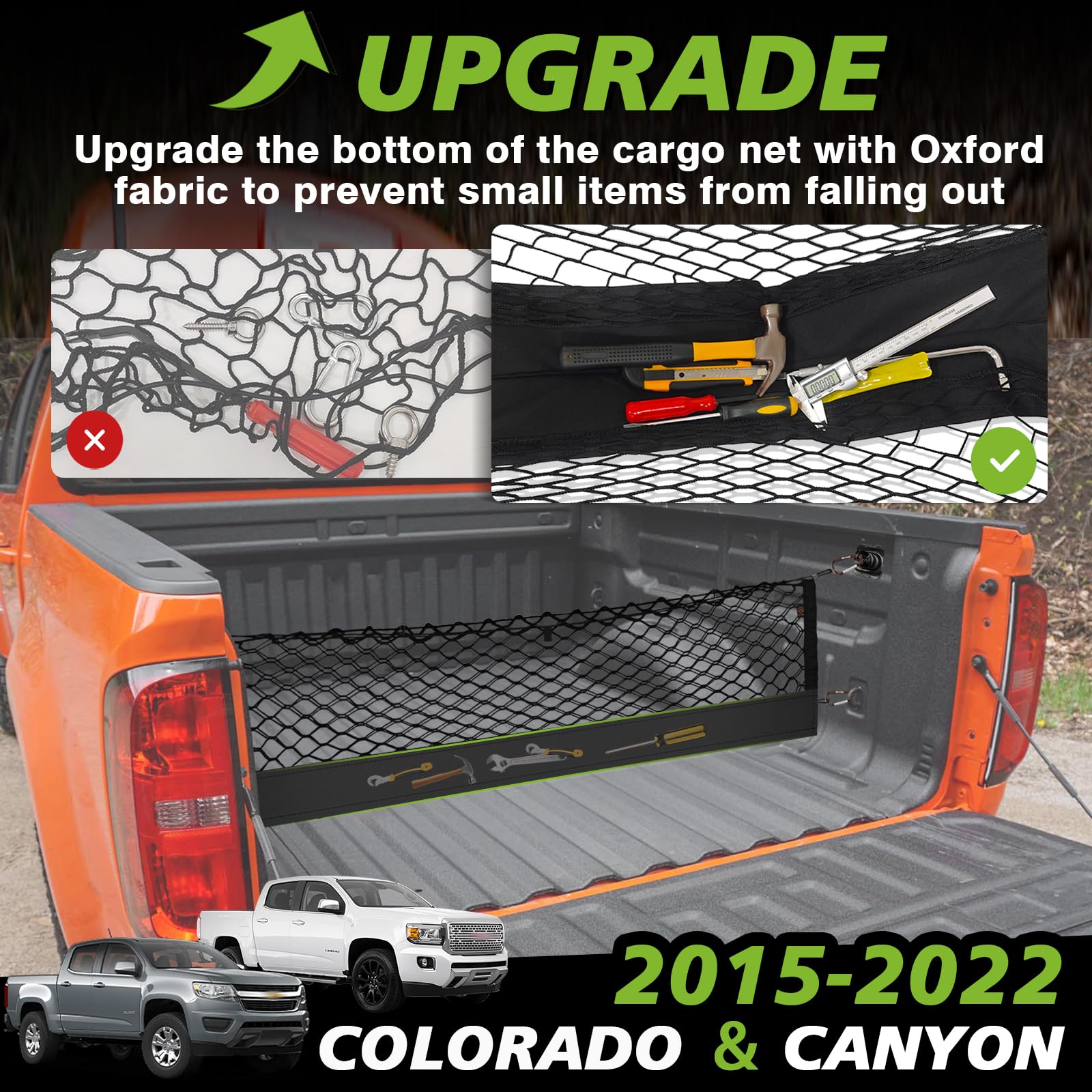 Muslogy Black Truck Bed Cargo Net for 2015-2022 Chevy Colorado & GMC Canyon - Heavy Duty with Carabiners & Tie Down Anchors