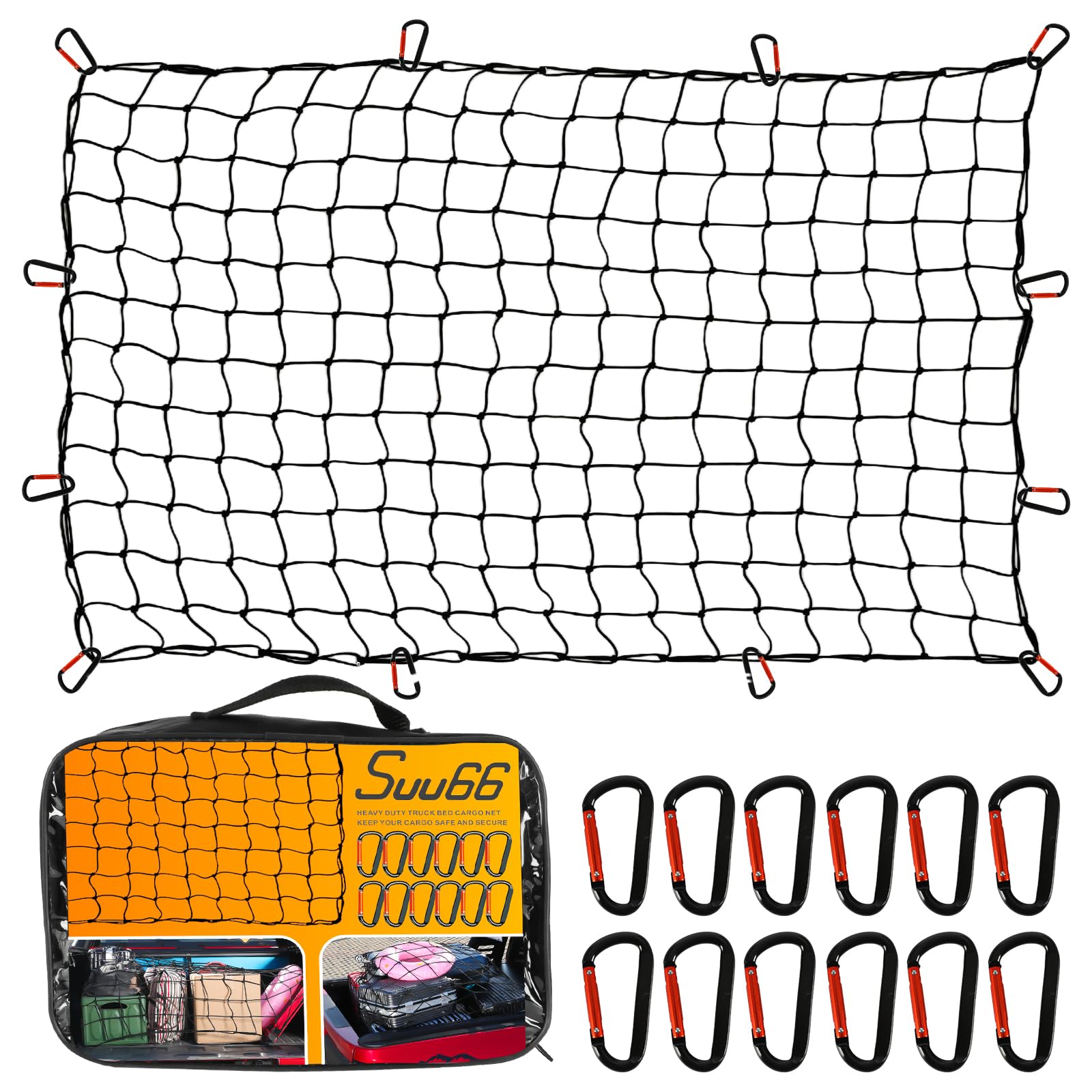 Suu66 Heavy Duty Cargo Net for Pickup Truck Bed - 5 ' x 7 ' Stretches to 15 ' x 21 ' - Sturdy Latex Bungee Net Mesh - with 12 Me