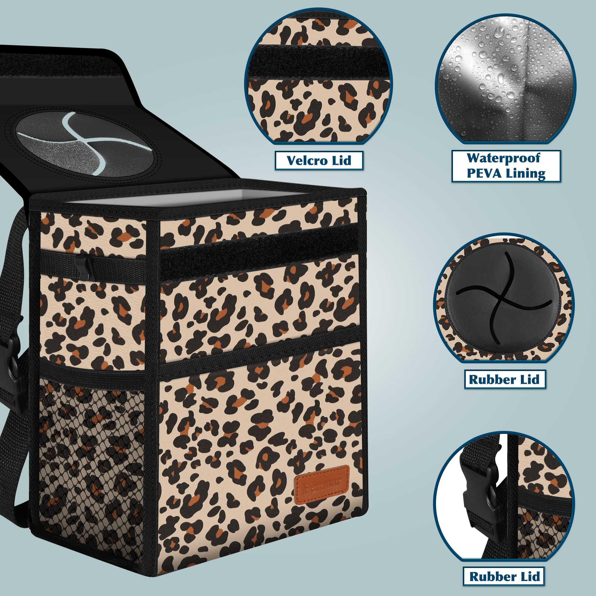 Femuar Car Trash Can - Leak Proof, Waterproof, 2.25 Gallons, Leopard Print, Collapsible, Portable for SUV Front Seat, Mesh Pocket