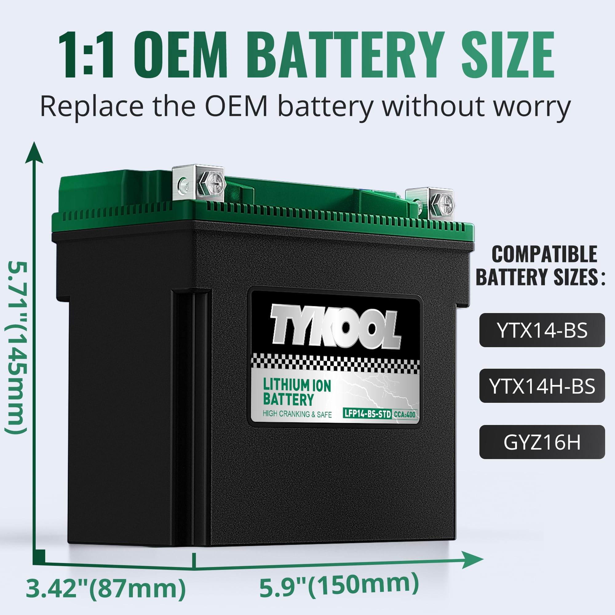 TYKOOL YTX14-BS-STD 400 CCA,Lithium LiFePO4 12v Motorcycle Battery,ATV Battery,2X Cranking Amps,Digital Readout for SOC,Comptita