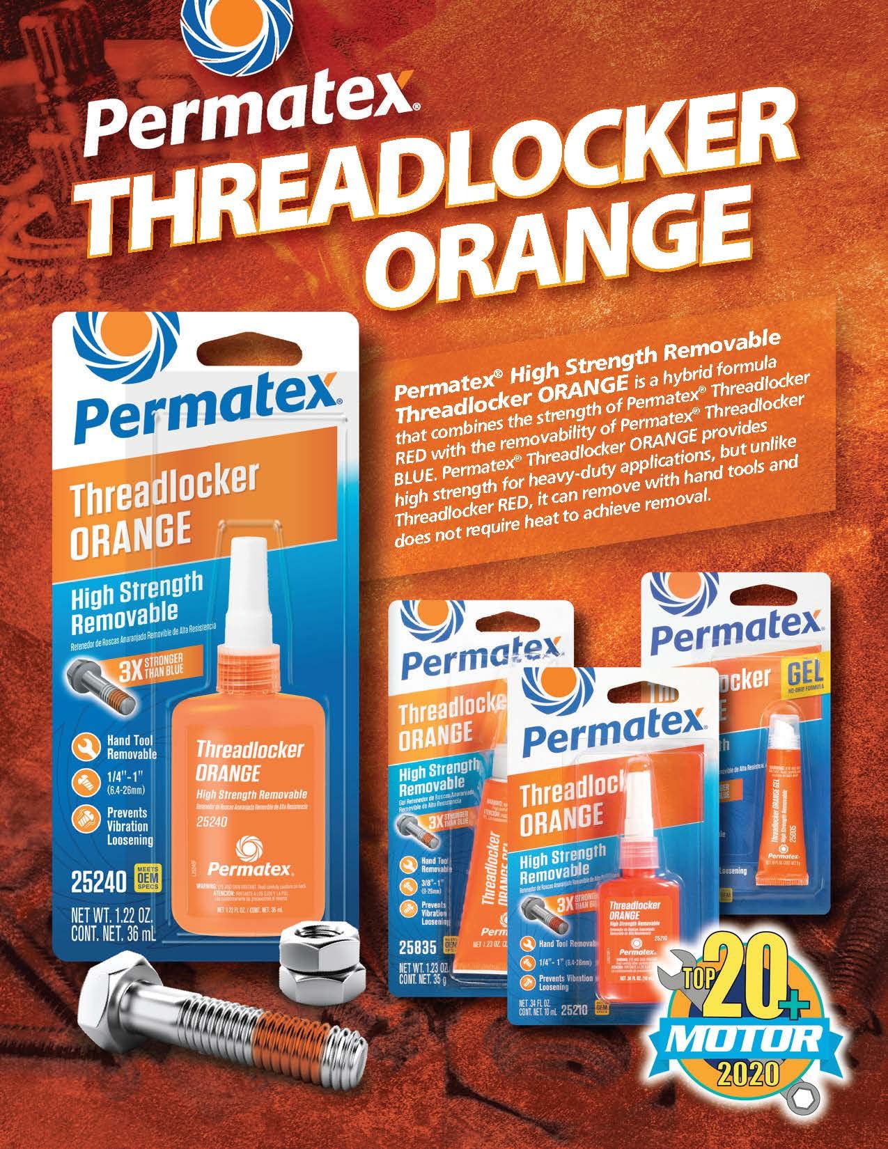 Permatex High Strength Removable Threadlocker, Orange Liquid, 10 ml, Model 25210, Plastic