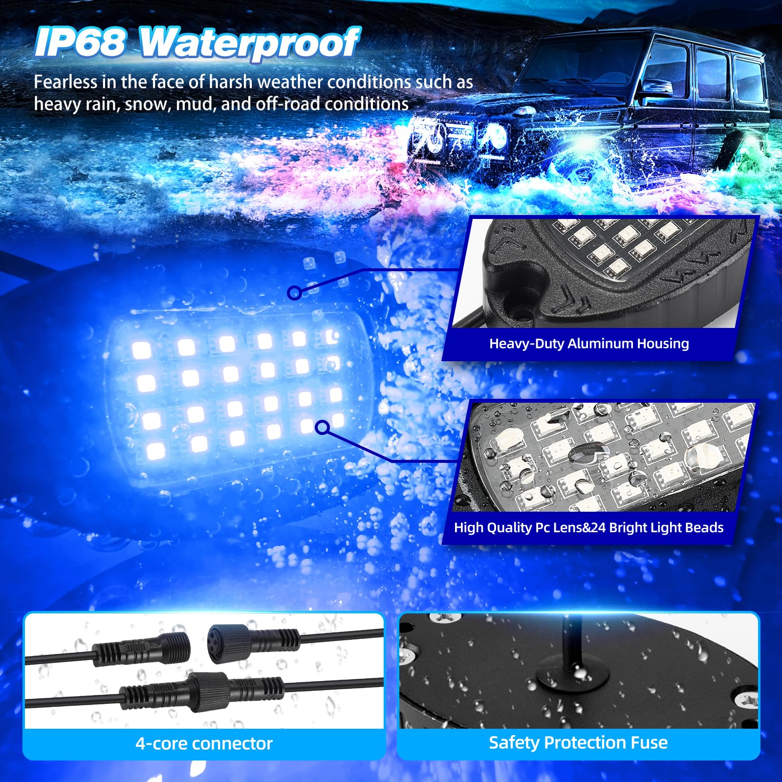 4 Pods Alloy Rgb Led Rock Lights For Atv Utv Rzr Suv Sxs Golf Cart Trucks Car, Metal Waterproof Multicolor Underglow Kit With Ap