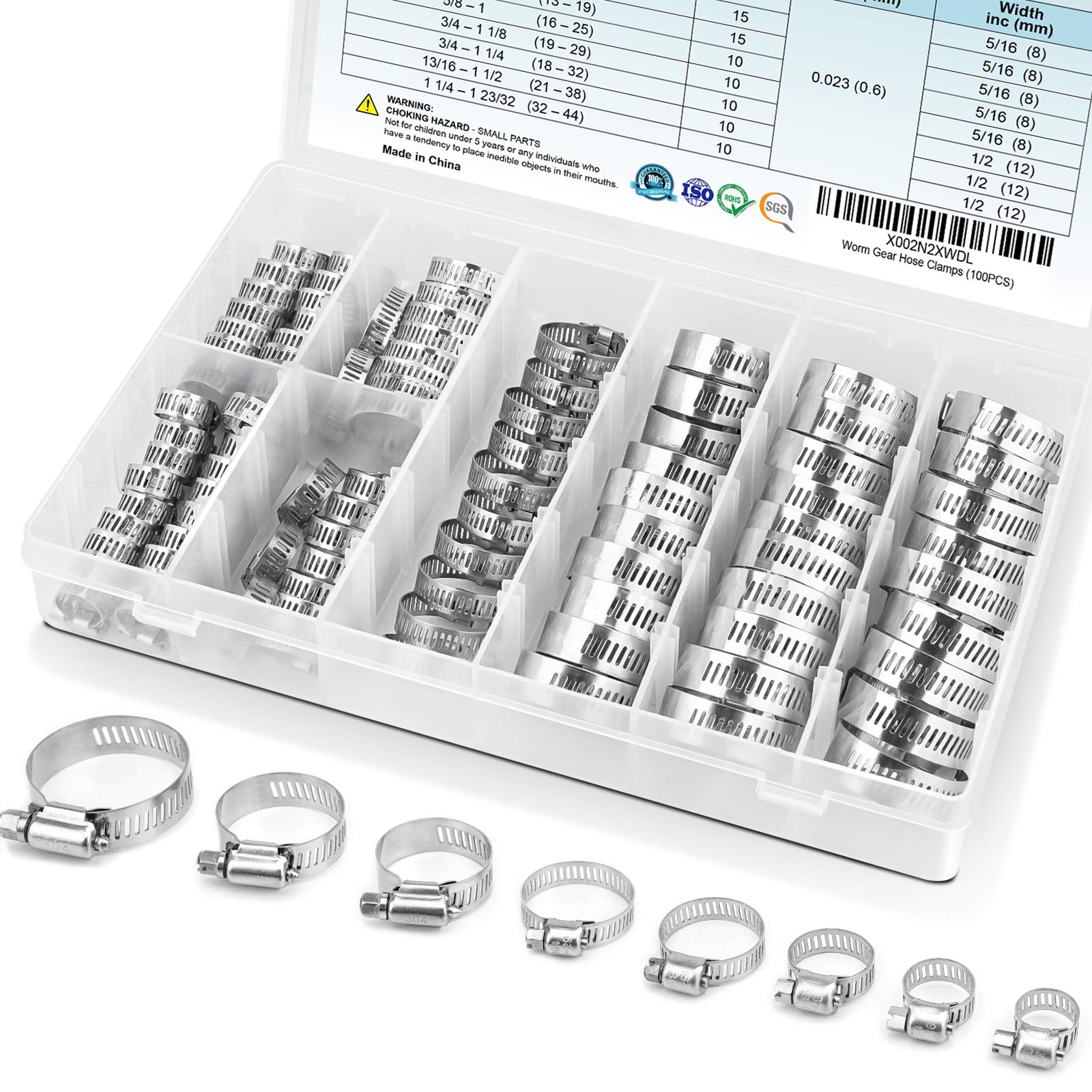 Ticonn 100Pcs Hose Clamp Set - 1/4''-1-23/32'' 304 Stainless Steel Worm Gear Hose Clamps For Pipe, Intercooler, Plumbing, Tube A