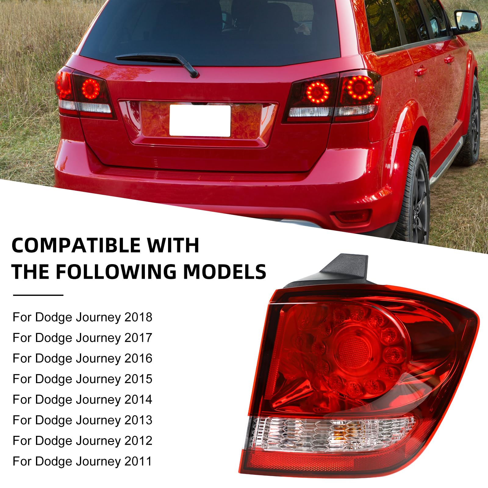 Cnygo Outer Led Tail Light Assembly Compatible With Dodge Journey 2011 2012 2013 2014 2015 2016 2017 2018 Rear Lamp Brake Taillights Replacement With Bulbs (Right Passenger)