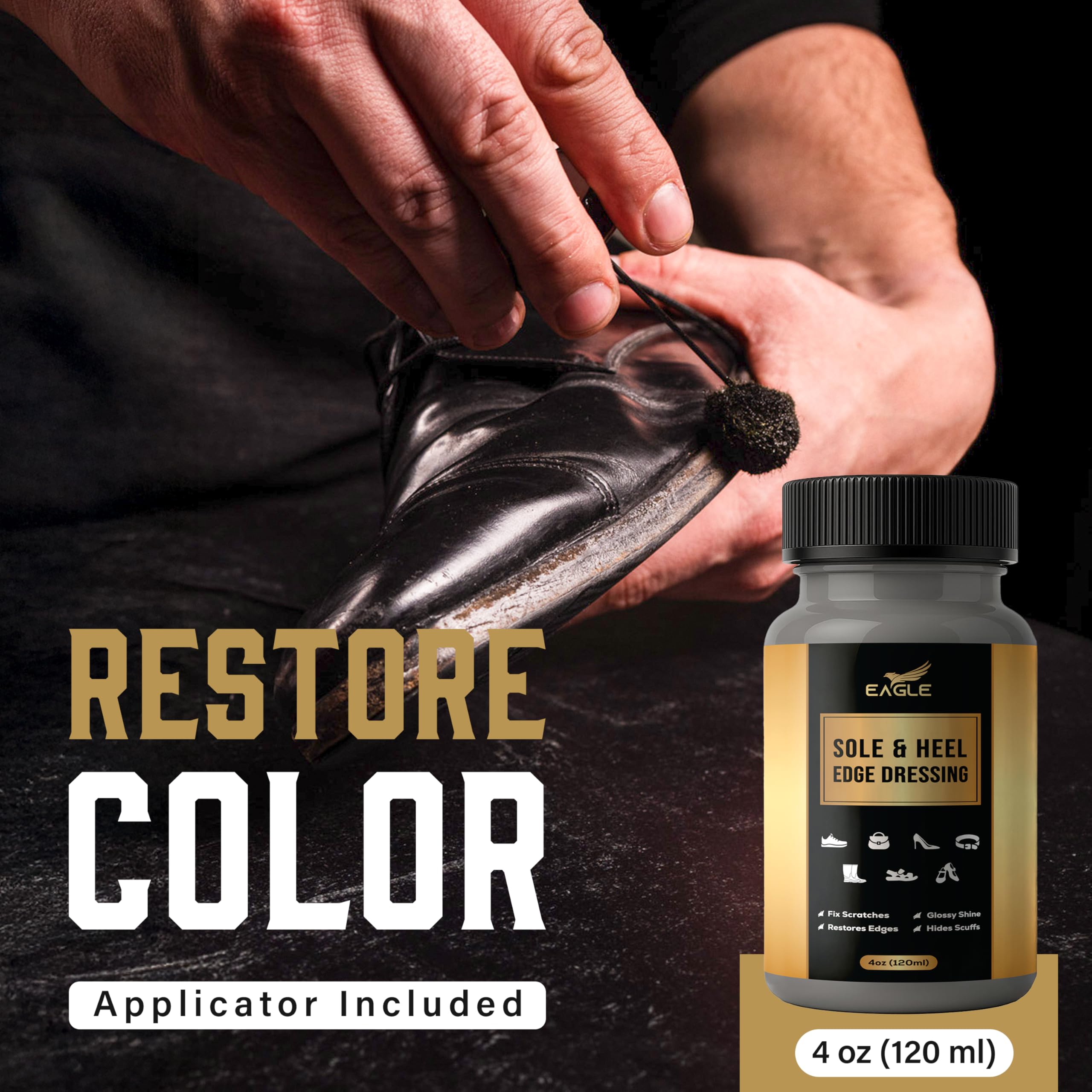 Eagle Sole and Heel Edge Dressing Black - High Gloss Shoe Polish for Leather Soles & Heels - Protective Liquid Edge Dye with Bui