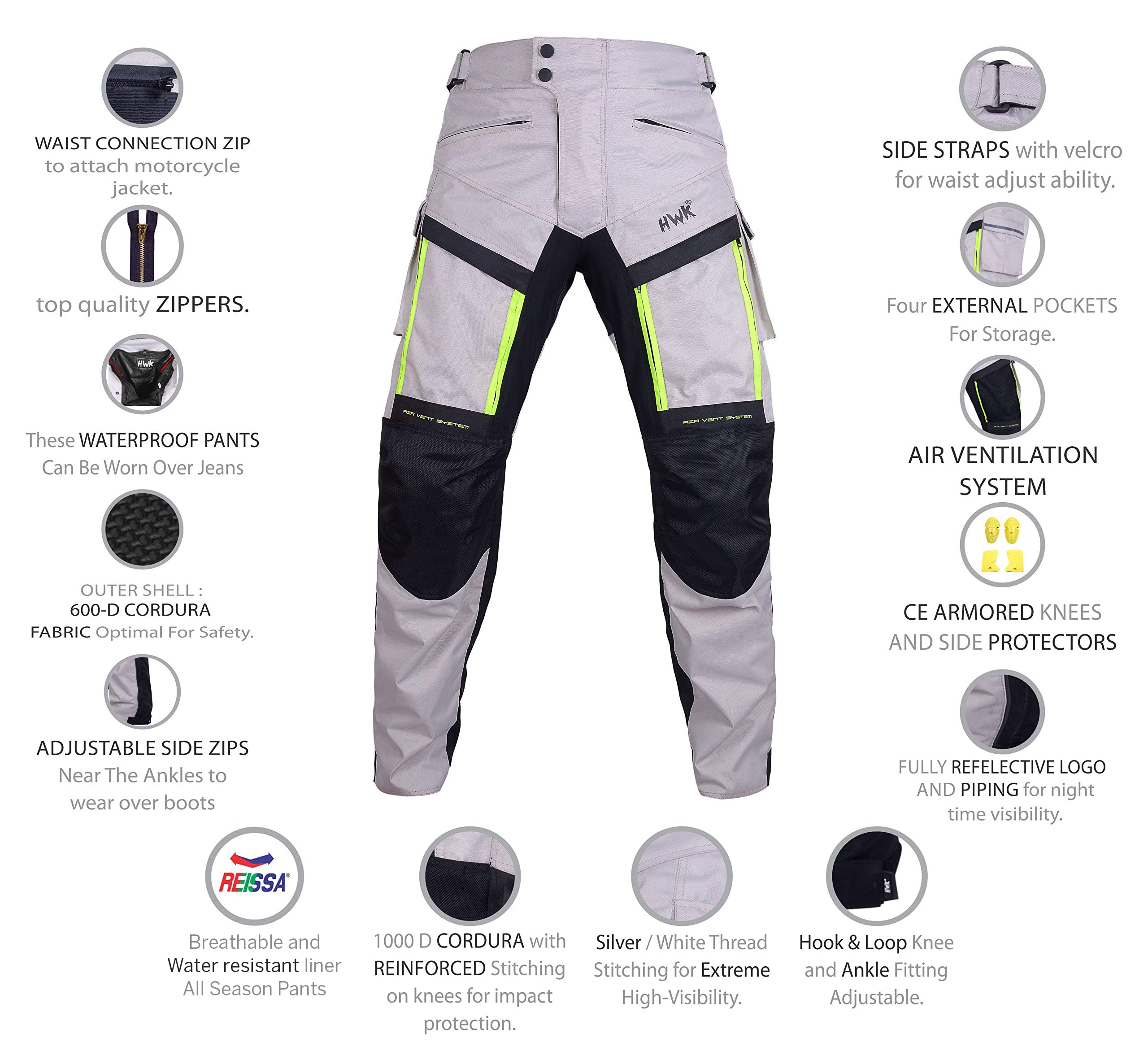 HWK Motorcycle Cargo Pants for Men, Waterproof, Silver, Waist34''-36'' Inseam34'', Armored, Model G-1, 4-Season Adventure Riding Gear
