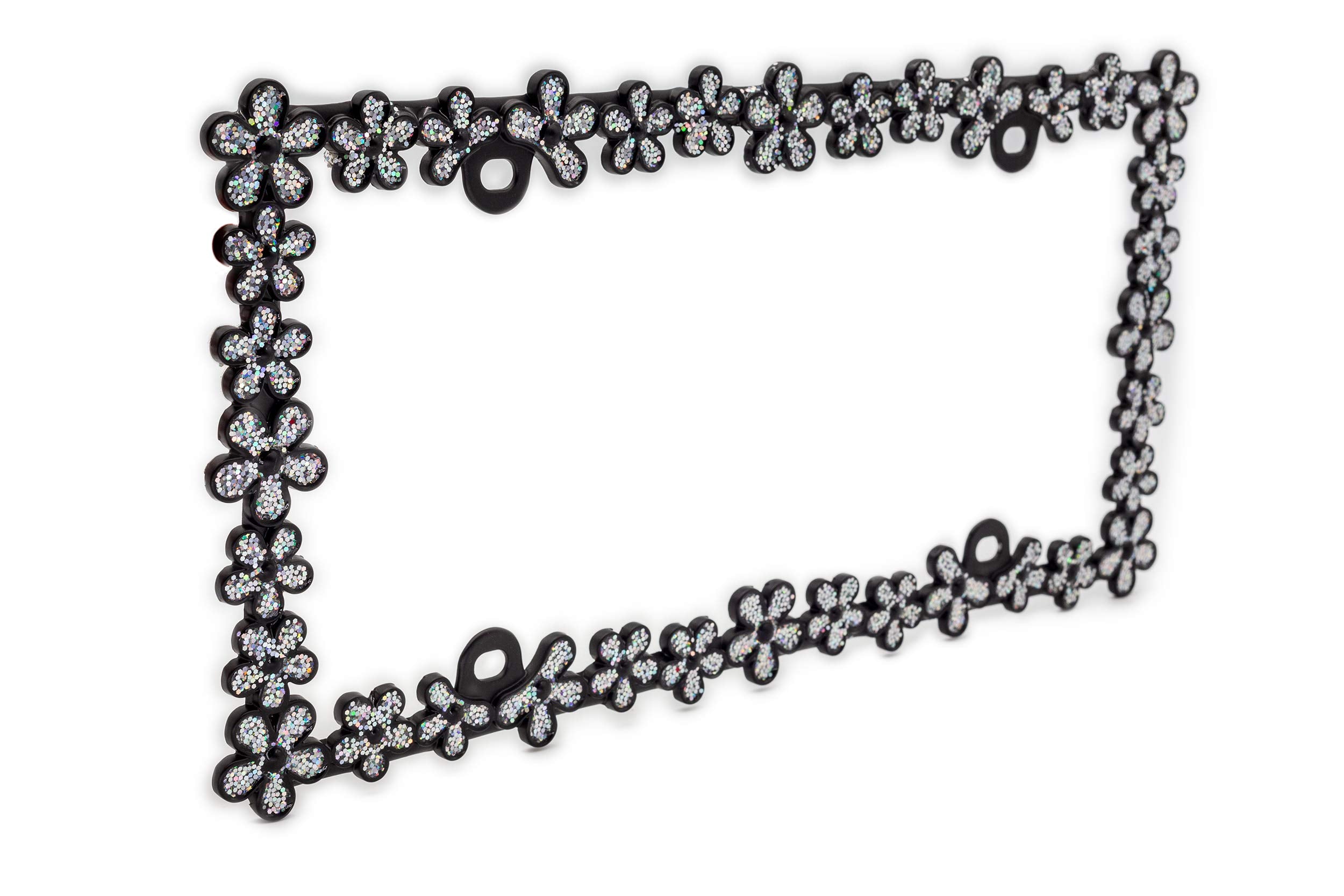 Creathome 3D Shining Daisy Wrenth License Plate Frame From Pure Zinc Alloy Metal Perfect Plate Holder ,Matt Black With Silver Gl