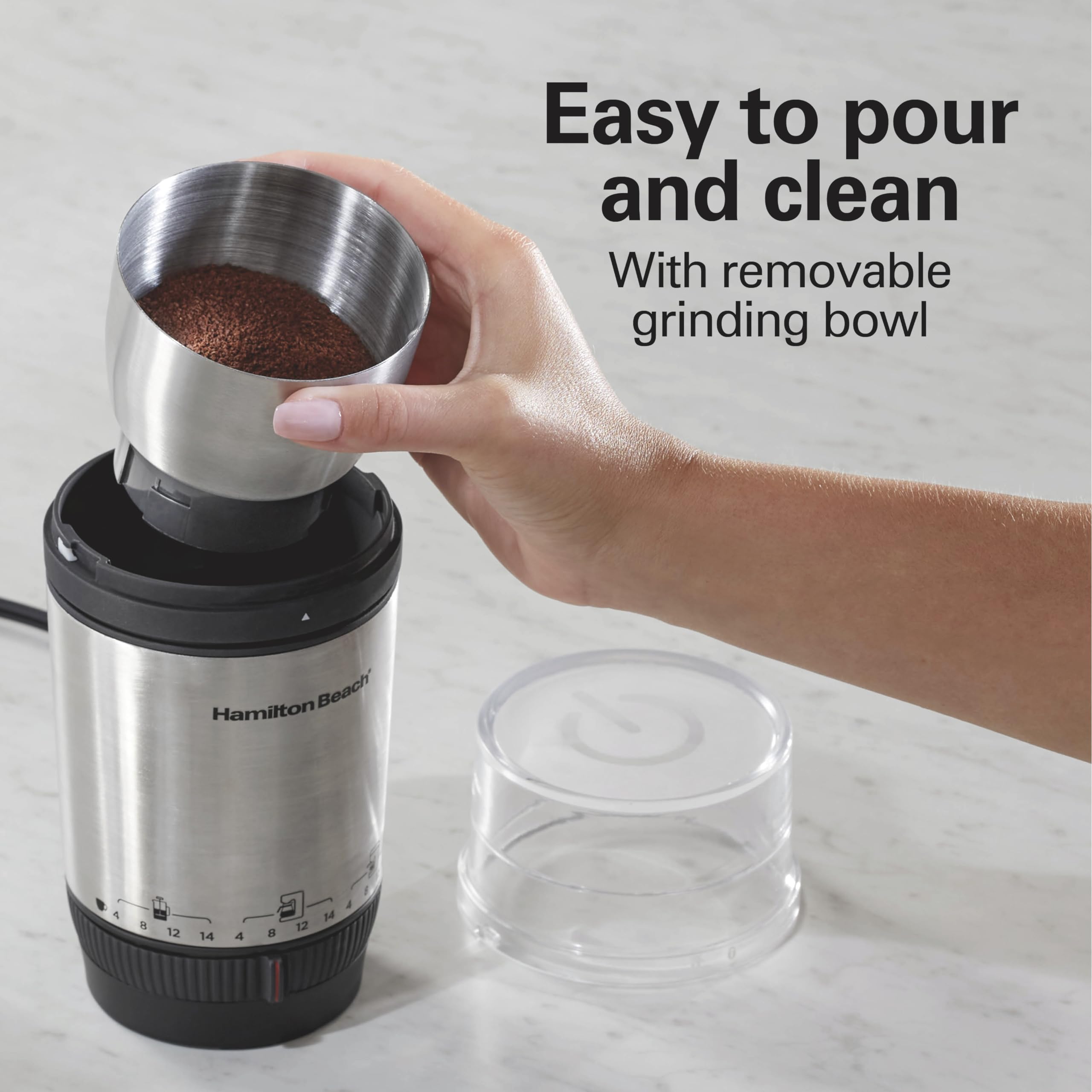 Hamilton Beach Custom Grind Electric Coffee Grinder For 4-14 Cups, One-Press Hand-Free Operation With Auto Shutoff, Removable Gr