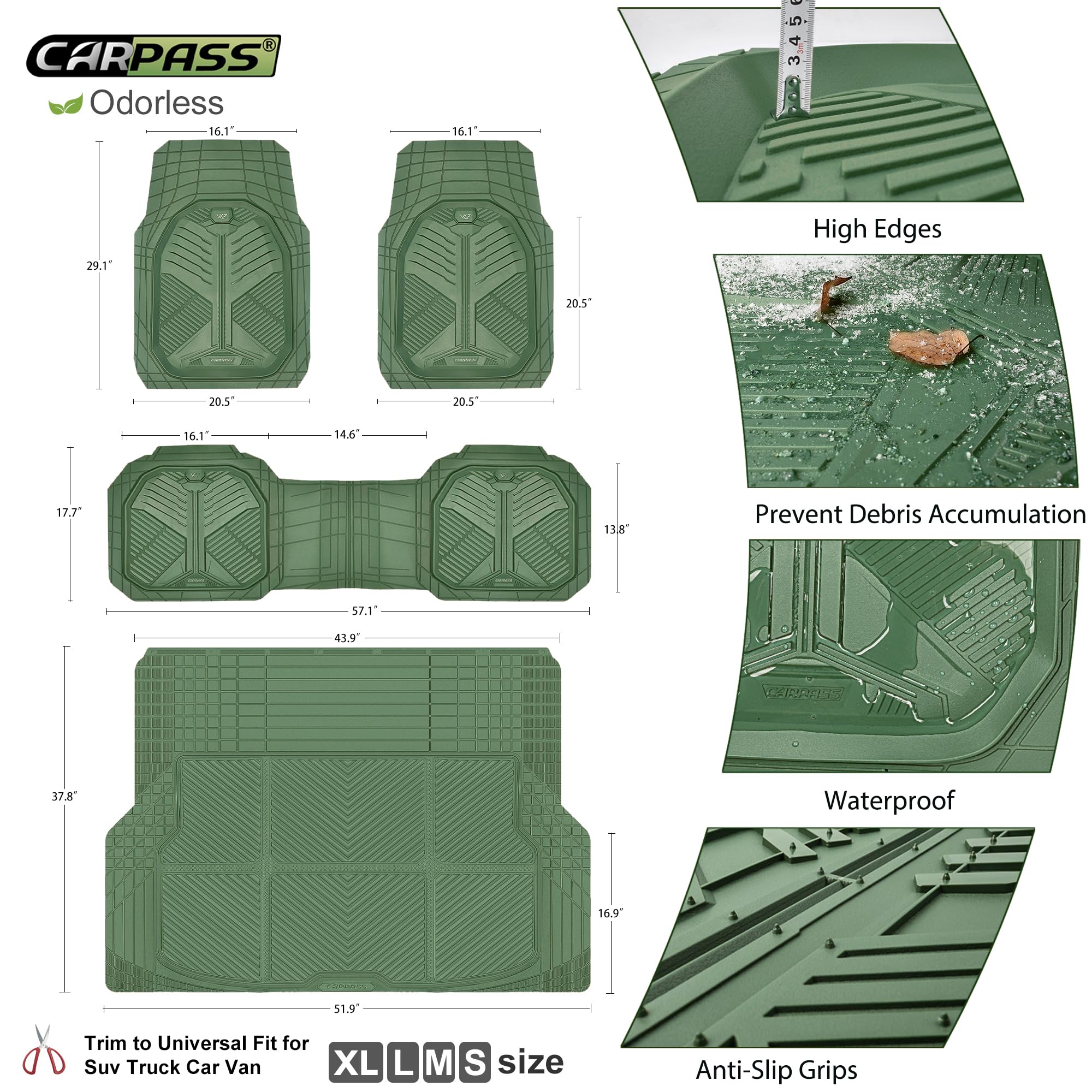 Car Pass Heavy Duty Rubber Car Mats With Cargo Liner, Deep-Dish Car Floor Mats And Trunk Mat All Weather, Universal Trim-To-Fit
