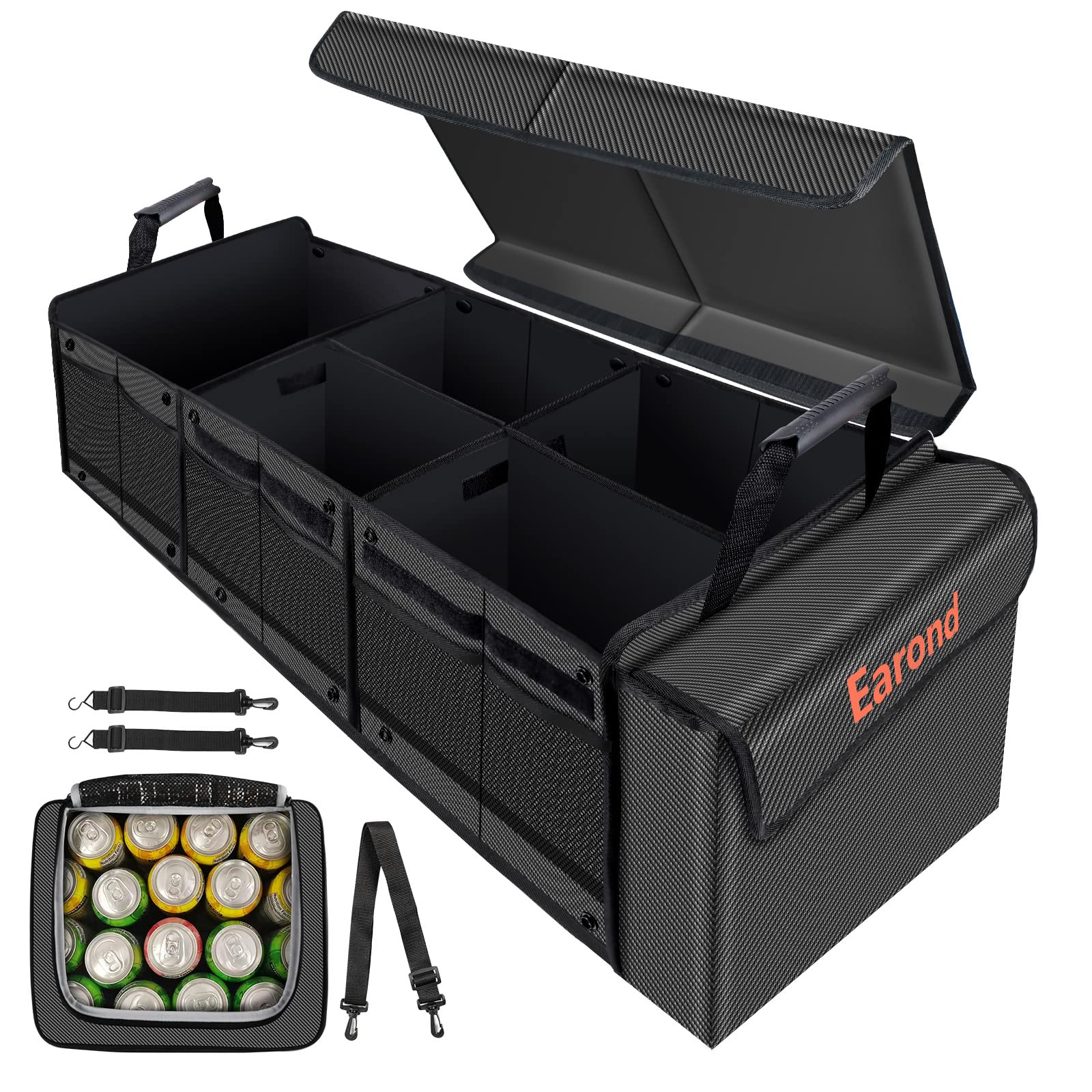 EAROND Car Trunk Organizer with Cooler Bag, Foldable, Adjustable Straps, Grey, Collapsible for SUV, Truck, and Other Vehicles