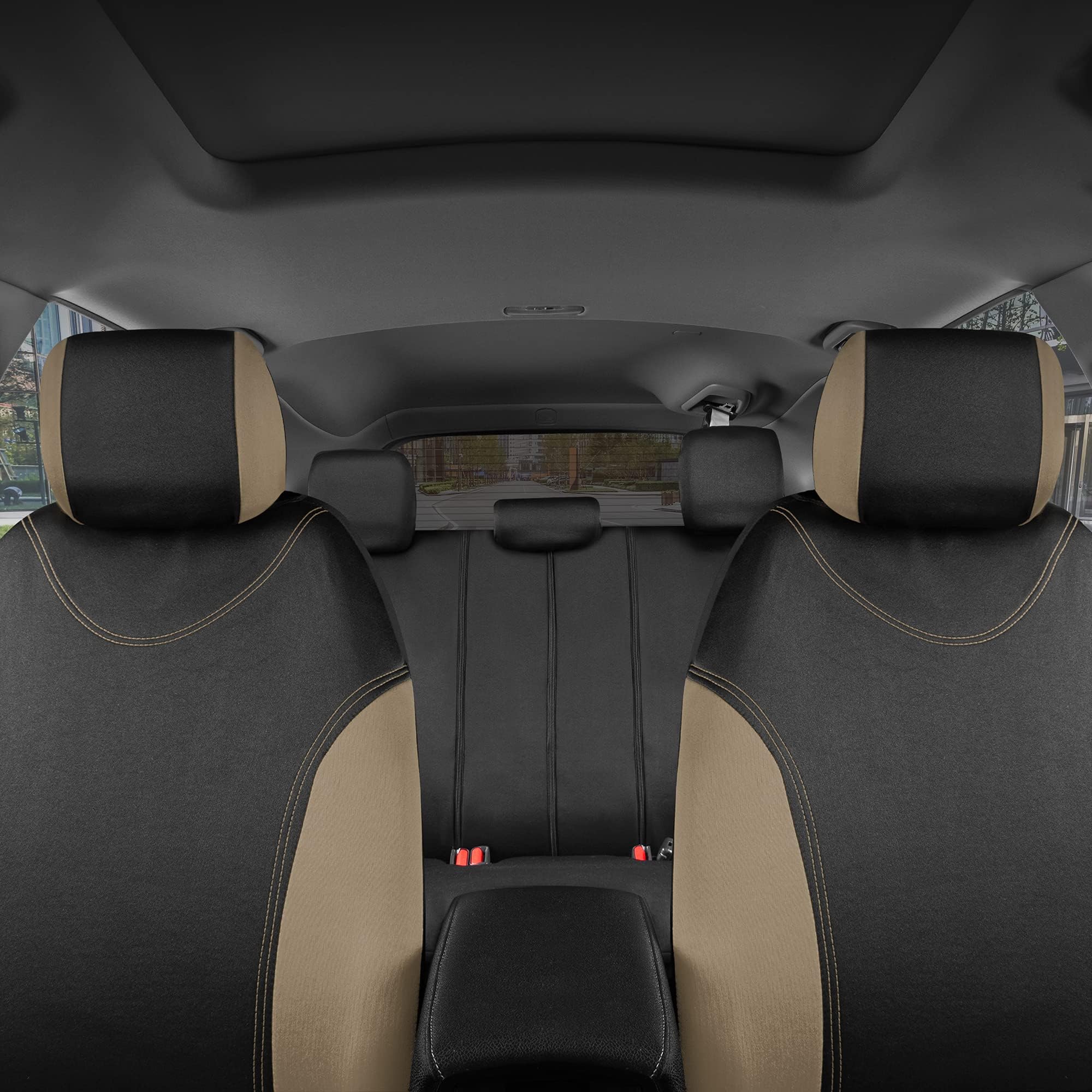 BDK UltraSleek Beige Seat Covers for Cars Full Set, Two-Tone Front Seat Covers with Matching Back Seat Cover, Stylish Car Seat P