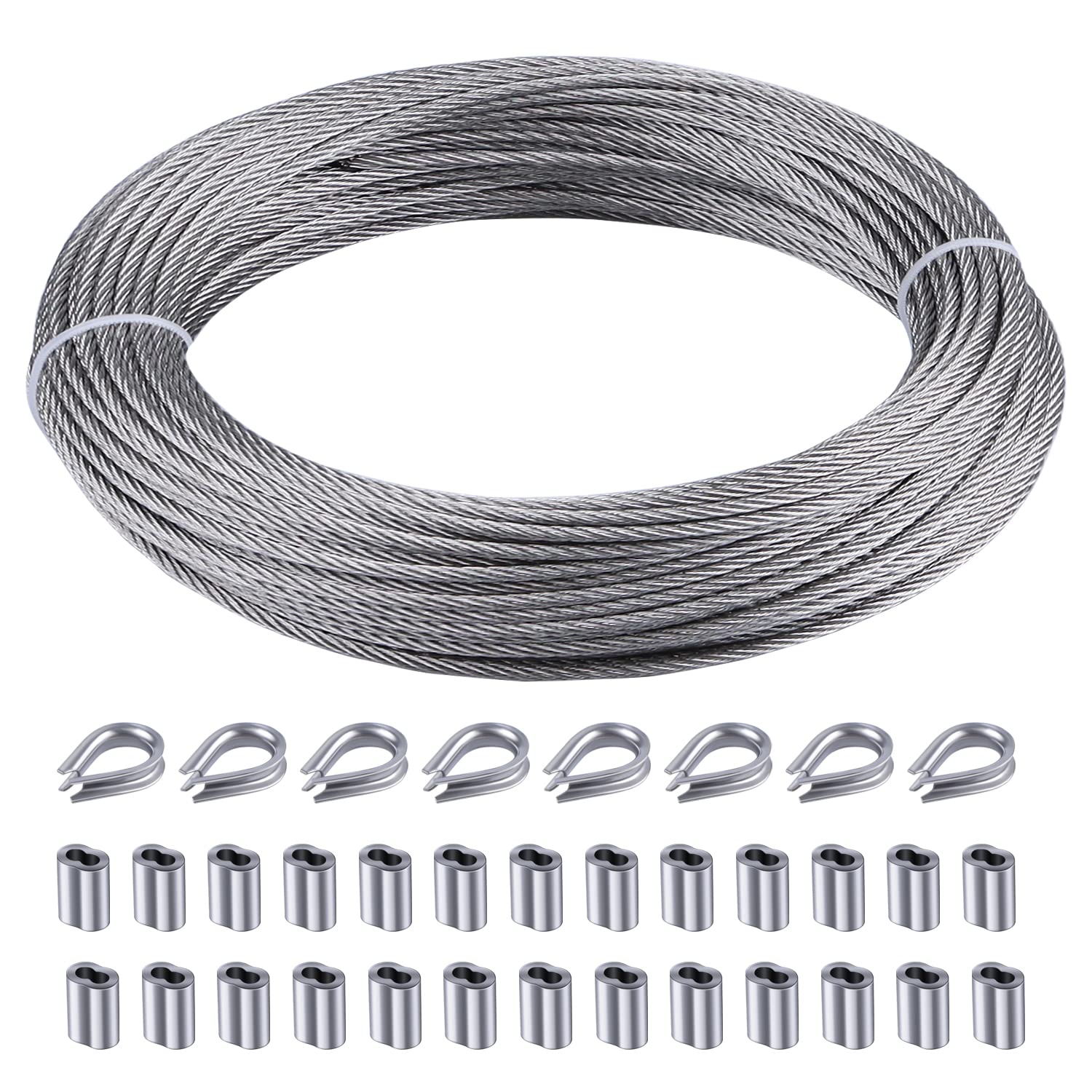 Rectoo 18 wire cable, 100ft Wire Rope Metal cable With Loop Sleeve And Steel Thimble, 7x7 marine stainless steel Strand core Per